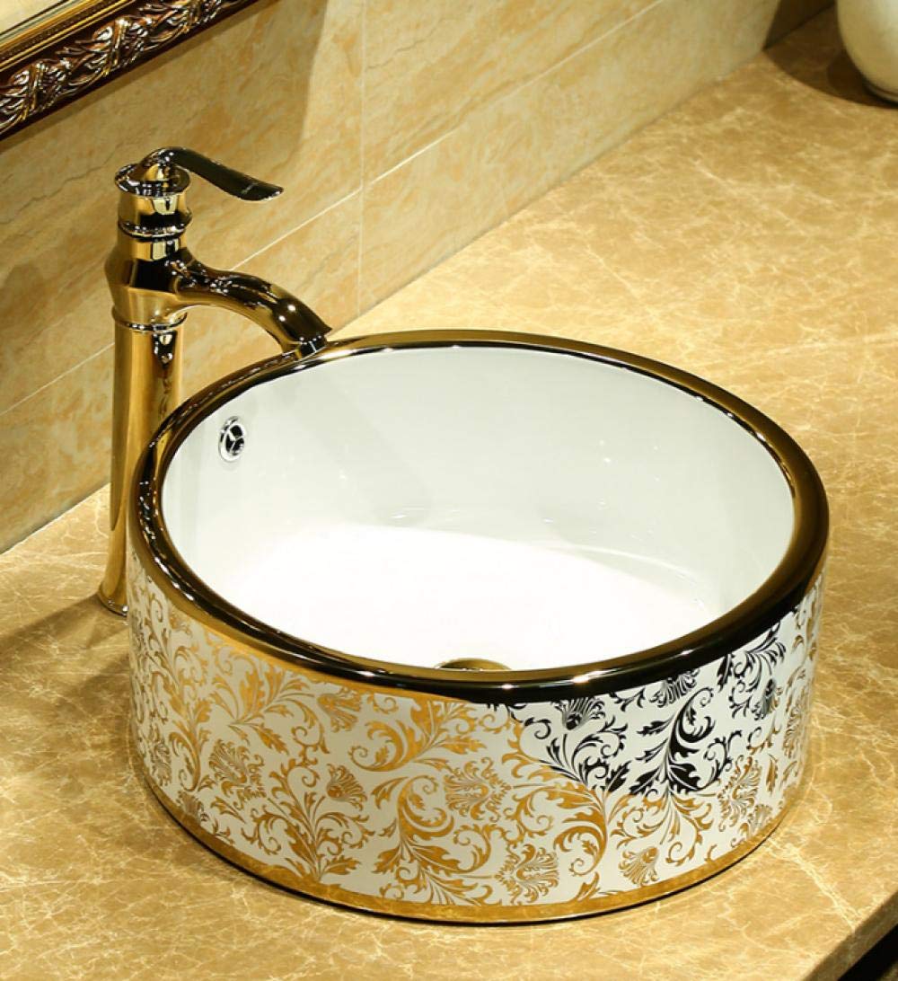 Vintage Ceramic Vessel Sink - Round Above Counter Bathroom Basin with Retro Art Pattern, Perfect for Modern & Farmhouse Style Vanities, Powder Rooms & Guest Baths