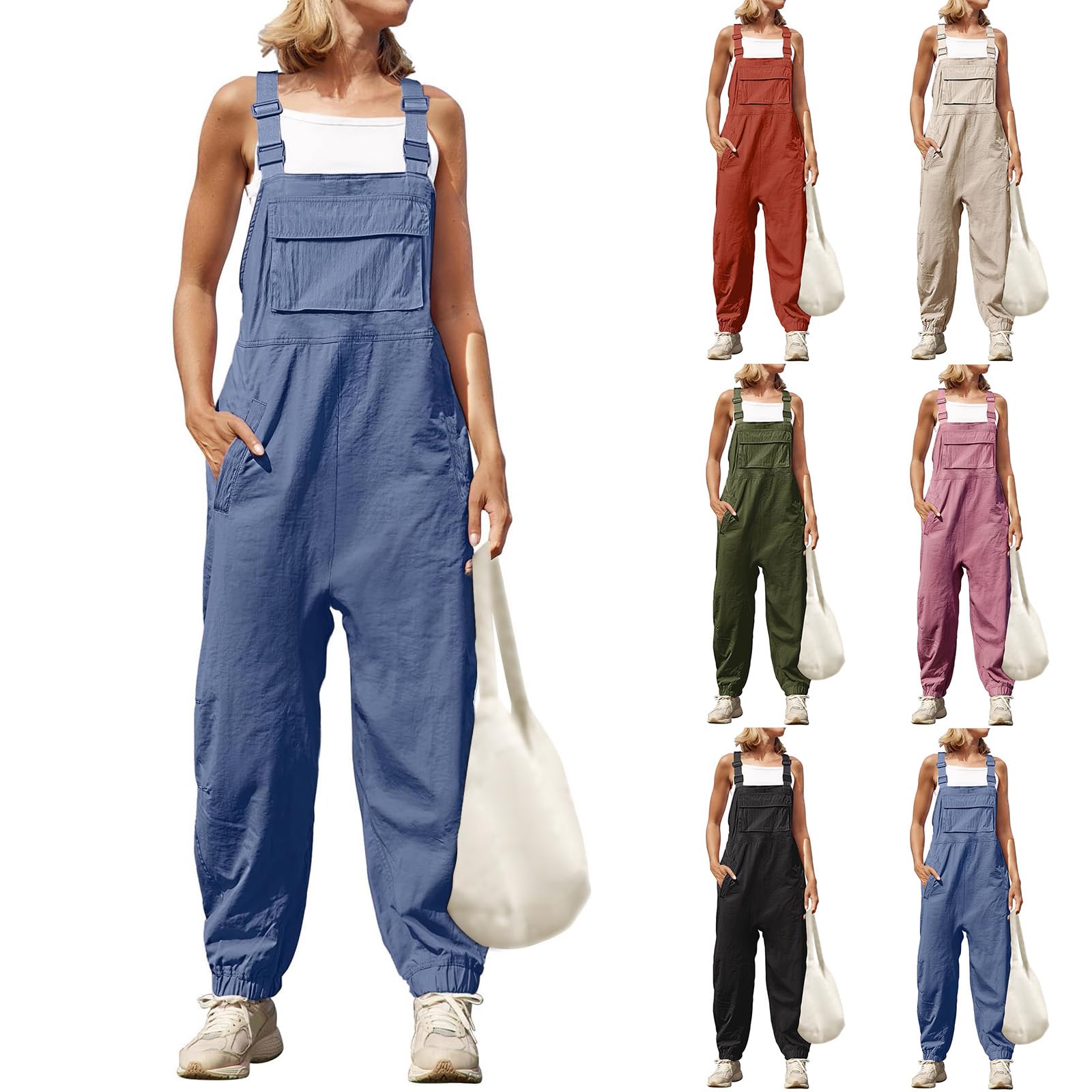 Women's Linen Overalls - Loose Fit Adjustable Straps One Piece Harem Jumpsuit with Pockets | Casual Summer Romper for Outdoors, Beach & Everyday Wear