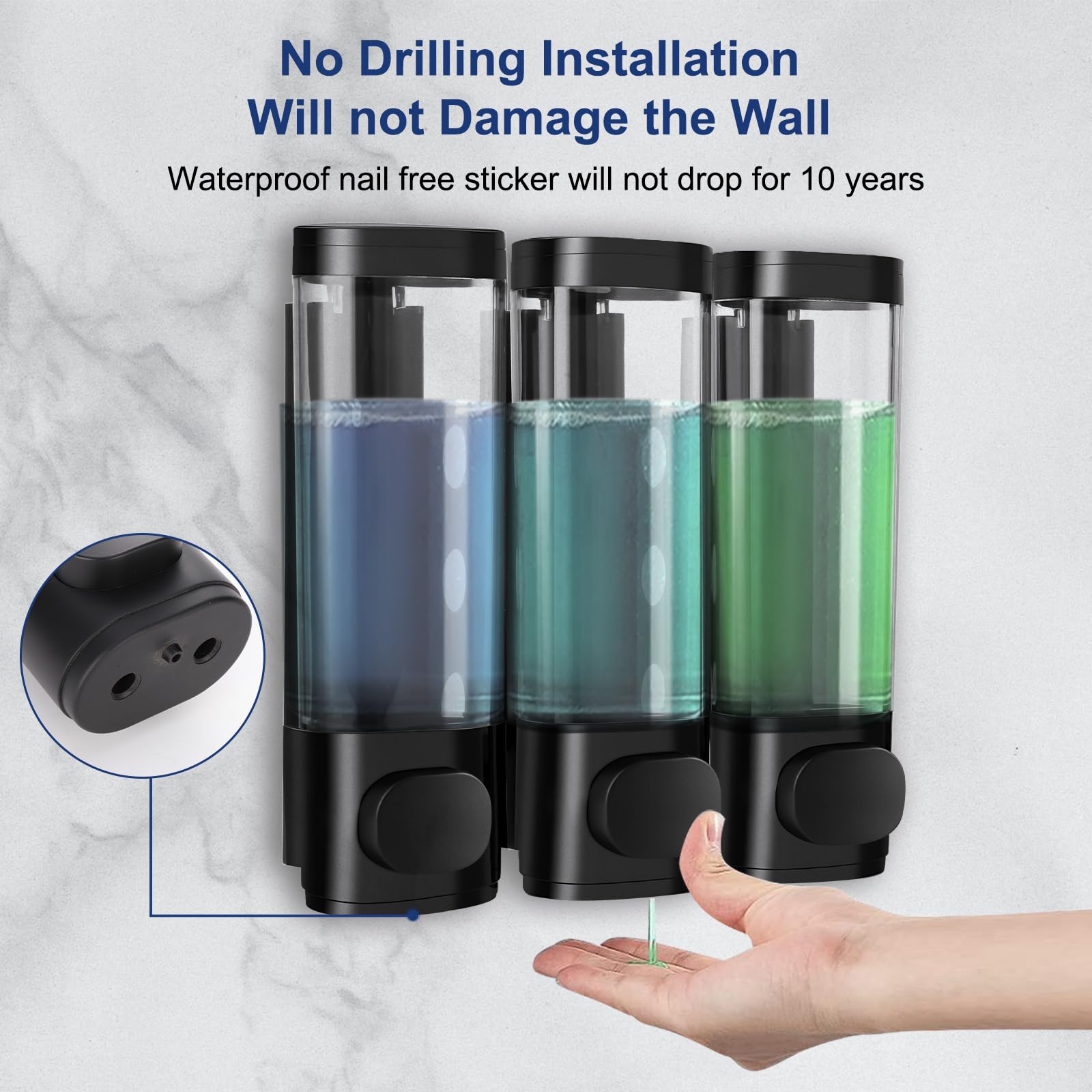 6-Piece No-Drill Shampoo and Conditioner Dispenser Set - Wall Mounted 3-Chamber Soap Dispenser for Bathroom, Kitchen & Hotel - Leakproof & Easy to Use (Black) - Perfect for Shower Organization and Space Saving in Small Bathrooms