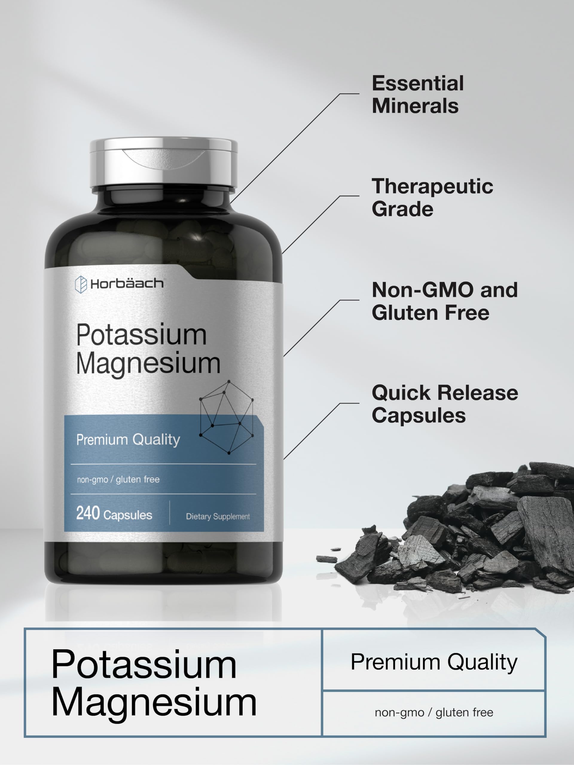 Horbäach Potassium Magnesium Supplement 240 Capsules - Premium Quality Non-GMO Gluten Free Support for Muscle Recovery & Heart Health | Daily Wellness & Active Lifestyle