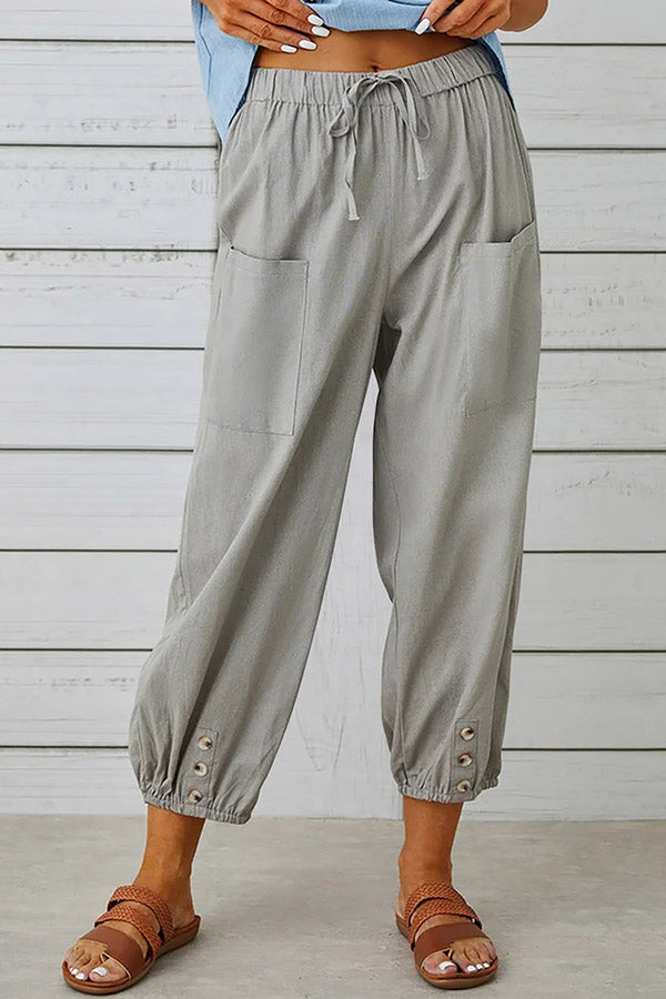 Tatum Women's Linen Blend Elastic Waist Pants with Pockets & Button Hem - Comfortable Casual Pants for Work, Travel & Everyday Wear