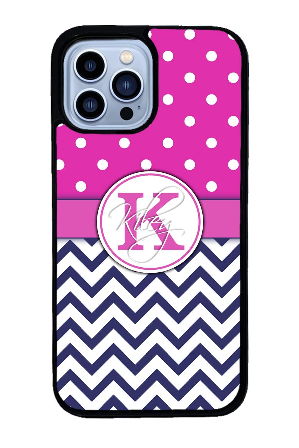 Custom Pink Polka Dots & Blue Chevron Initial Phone Case for iPhone 16/15/14/13/12 Pro Max, 11, X, 8, 7 Plus - Durable Black Rubber Protective Cover - Perfect for Everyday Use, Gifts & Personal Style