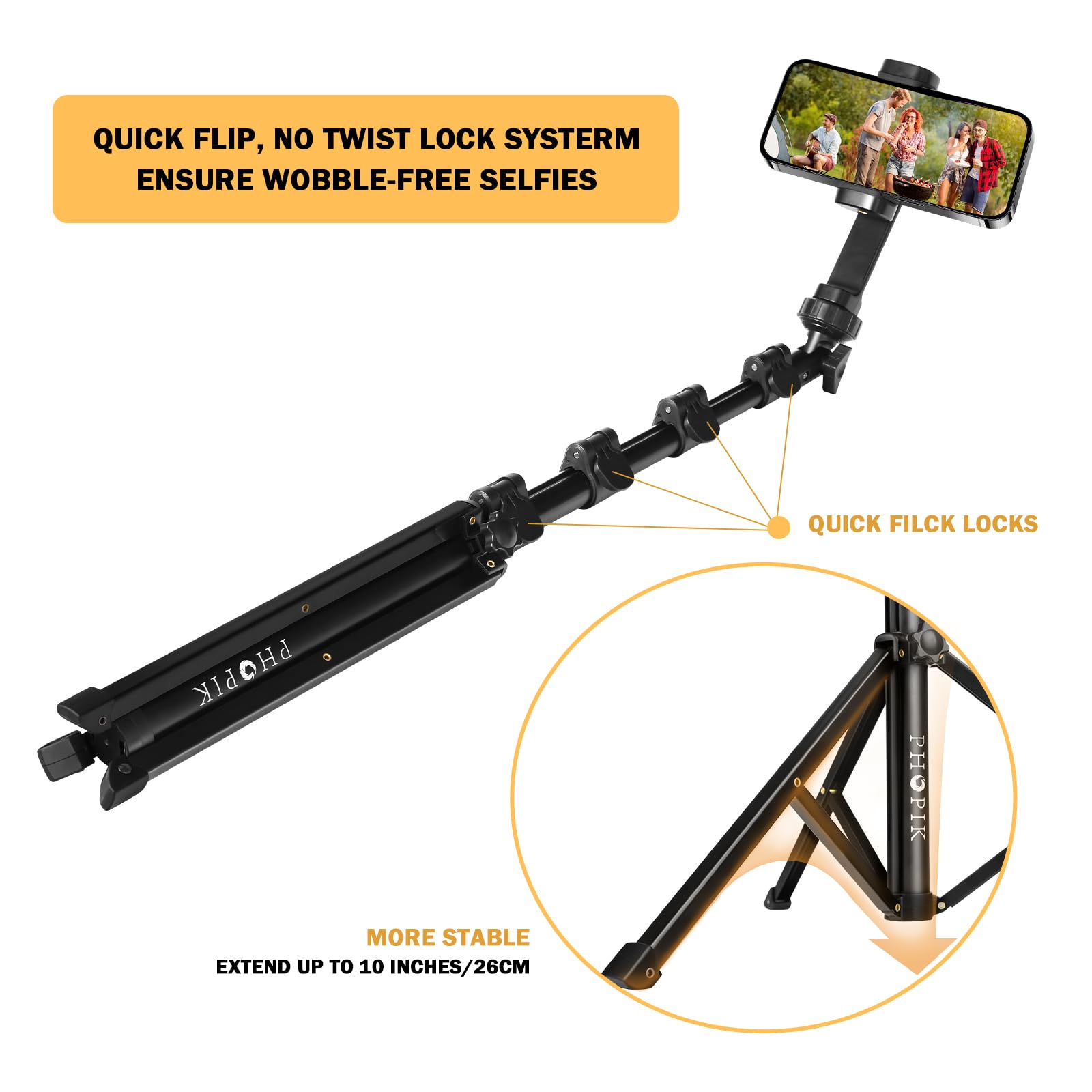 PHOPIK Extendable Phone Tripod Stand with Selfie Stick - Heavy Duty Aluminum Tripod for iPhone & Android Phones, Lightweight & Portable - Perfect for Travel, Vlogging, and Hands-Free Video Calls