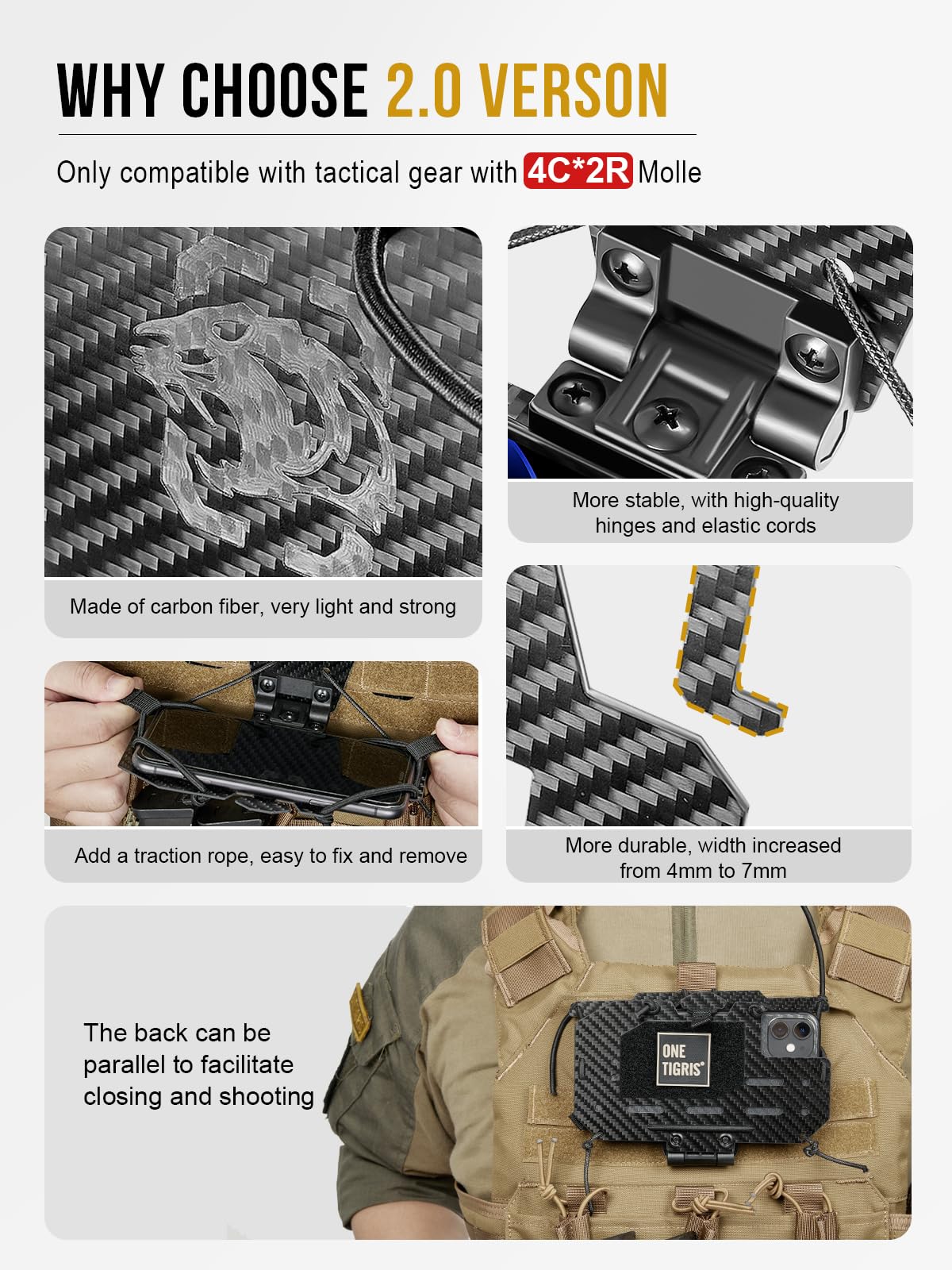 OneTigris MOLLE Phone Holder V2.0 - Tactical Plate Carrier Accessory, Universal Smartphone Chest Mount Compatible with 4.7