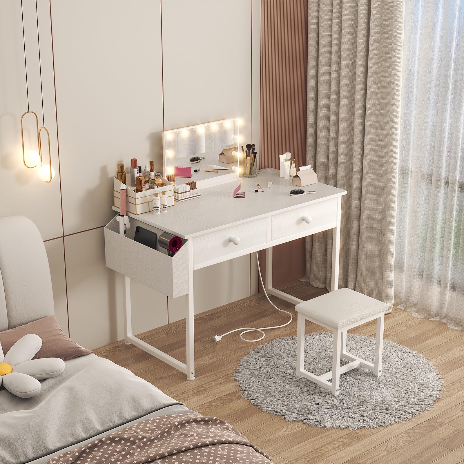 Modern White Makeup Vanity Desk Set with Fabric Drawers & Power Outlet - Small Dressing Table with Matching Chair for Girls Bedroom - Perfect for Beauty Routine, Cosmetics Storage & Bedroom Decor