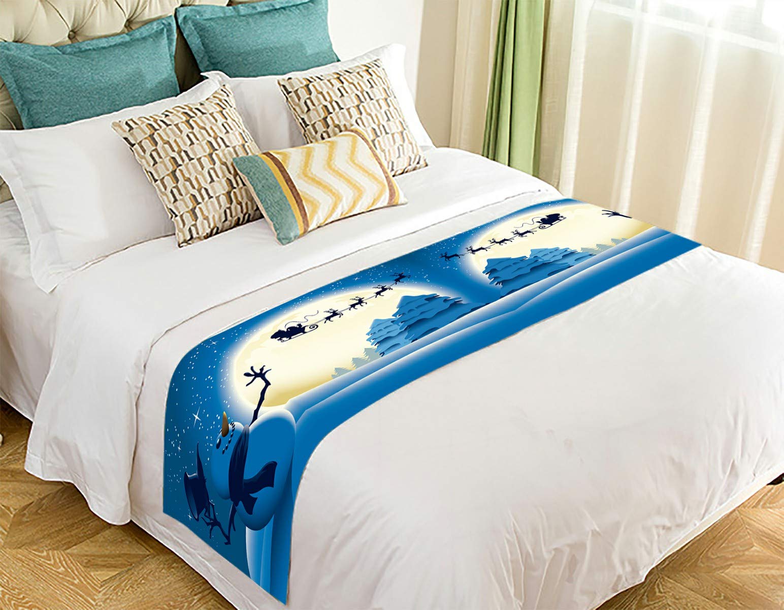 Happy Snowman Waving to Santa Sleigh Bed Runner - 20x95 Inch Christmas Bed Scarf for Holiday Decor - Perfect for Festive Bedroom, Winter Home Decor & Christmas Gift