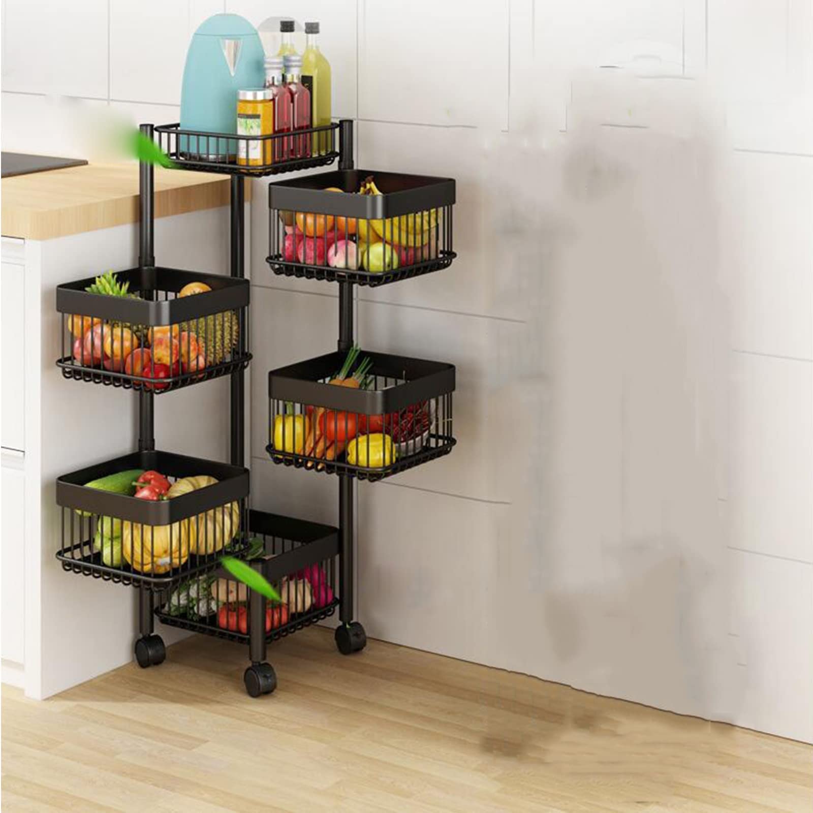 360° Rotating Vegetable Storage Basket - 2/3/4/5 Tier Spinning Organizer with Wheels | Space-Saving Kitchen Storage Rack (27x27x93.5cm) | Perfect for Pantry, Refrigerator & Small Kitchen Organization