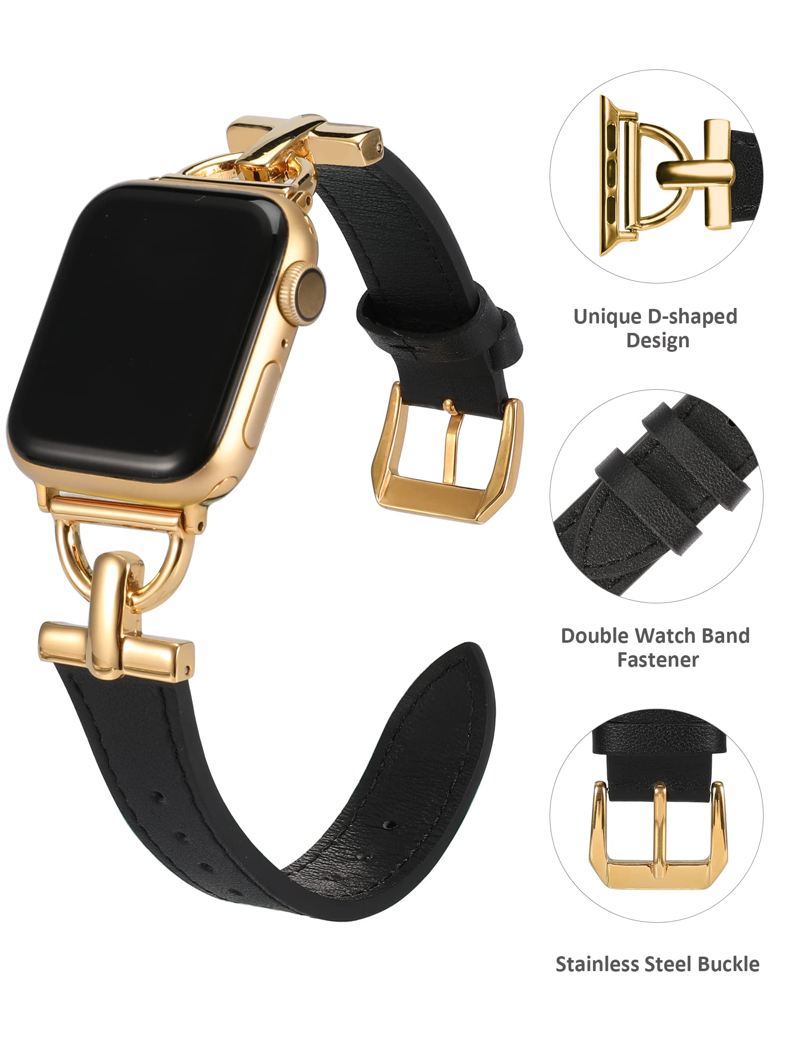 Premium Leather Band for Apple Watch - Compatible with Series 10/9/8/7/6/5/4/3/2/1/SE/Ultra (38mm 40mm 41mm 42mm 44mm 45mm 46mm 49mm) - Elegant Dressy Strap for Women & Men - Perfect for Business, Parties & Everyday Wear
