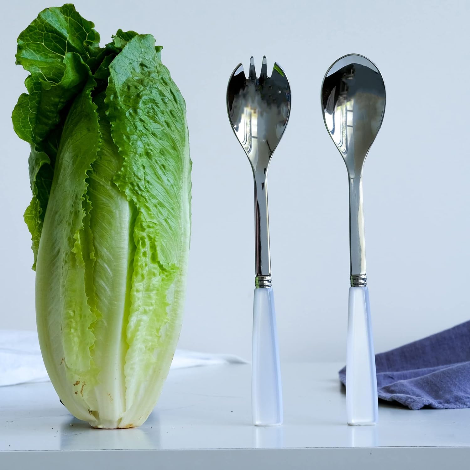 2-Piece Stainless Steel & Acrylic Salad Servers Set - 10.2 Inch Icône Collection - Dishwasher Safe White Serving Utensils for Salads, Pasta, and Buffet Parties
