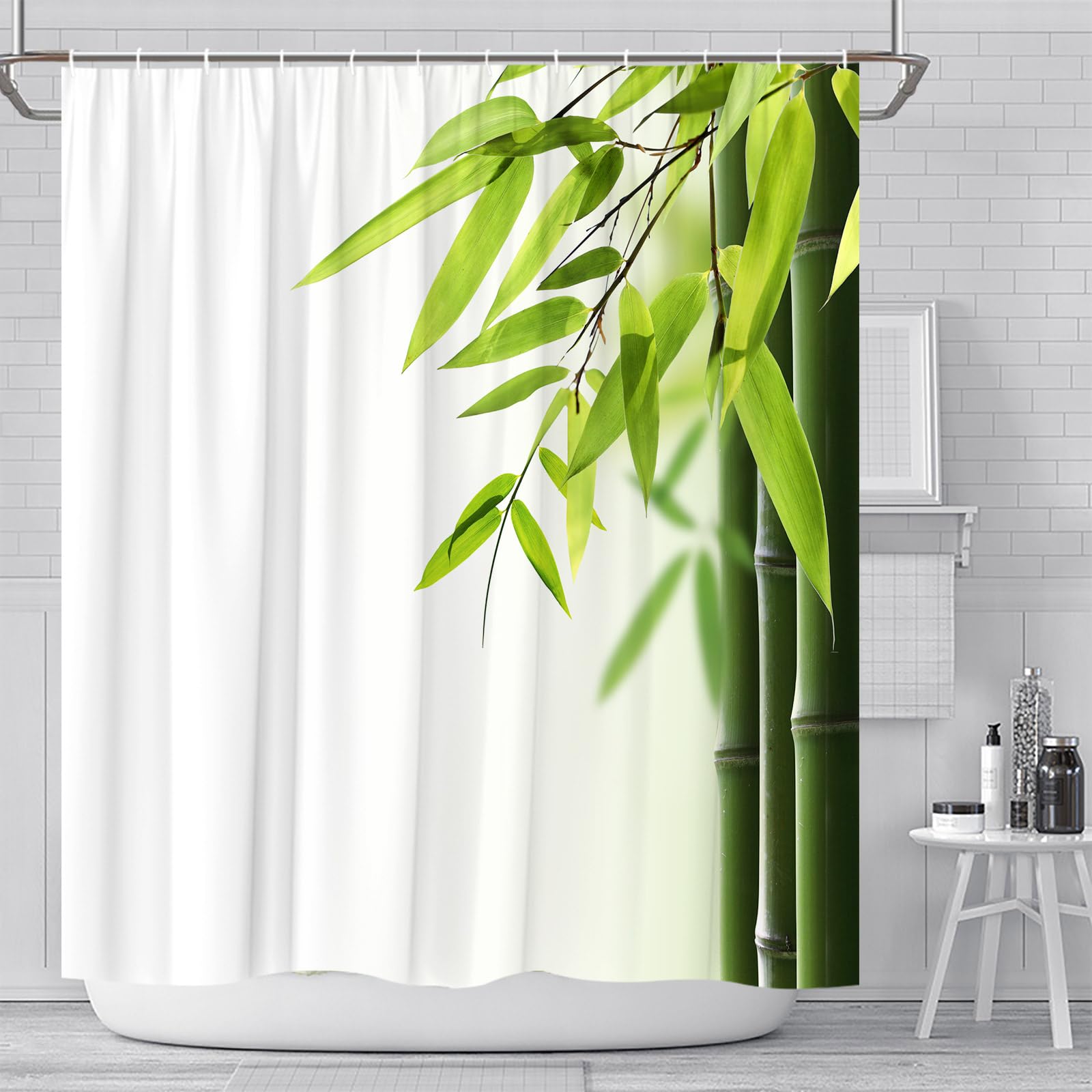 Eco-Friendly Green Bamboo Shower Curtain - Japanese Zen Style Spa Bathroom Decor with Leaf Pattern - 70x70 Inch Polyester Fabric Hanging Set with Hooks - Perfect for Meditation, Relaxation & Nature-Inspired Home Decor