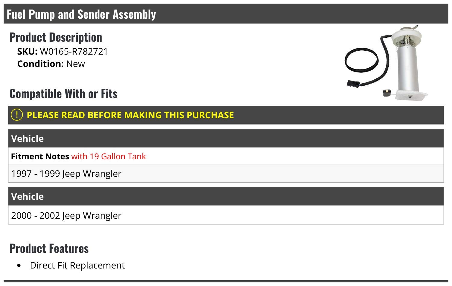 Fuel Pump and Sender Assembly Replacement for 1997-2002 Jeep Wrangler TJ - Direct Fit Gas Tank Fuel Pump Module - Perfect for Off-Roading & Daily Driving