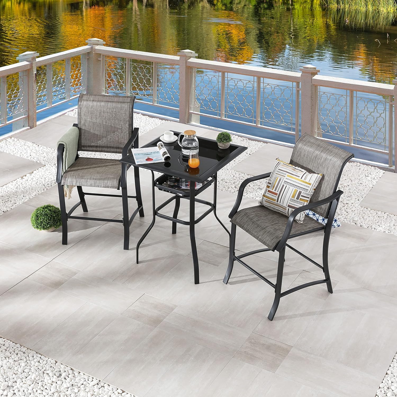 LOKATSE HOME 3-Piece Patio Bar Set - Counter Height Stools & Table - Outdoor Conversation Dining Furniture in Gray - Perfect for Backyard, Deck, and Garden Gatherings