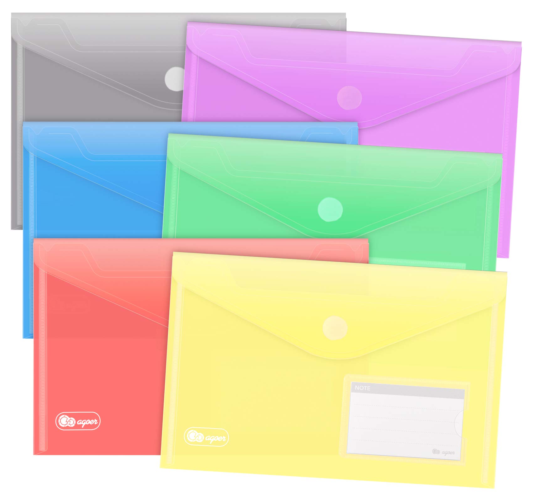 A5 Plastic Folders - 12 Pack Colorful Document Wallets with Perforated Edge & Label Pocket | Includes 20 Free Business Cards | Perfect for Office Organization, School Supplies & Document Filing | Durable Poly Envelopes for Home & Office Use