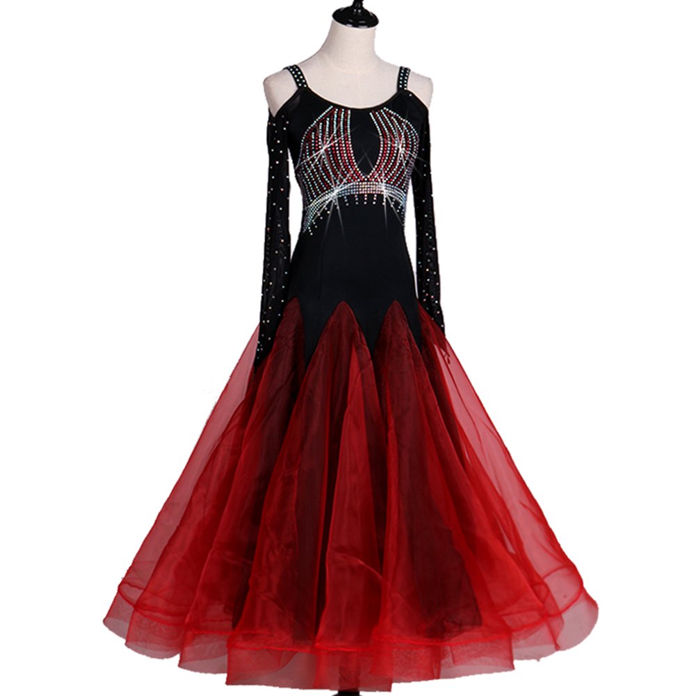 Elegant Ballroom Dance Competition Dresses for Women - Sparkling Rhinestone & Crystal Embellished Long Sleeve Performance Gown (Perfect for Latin, Standard & Professional Dance Events)