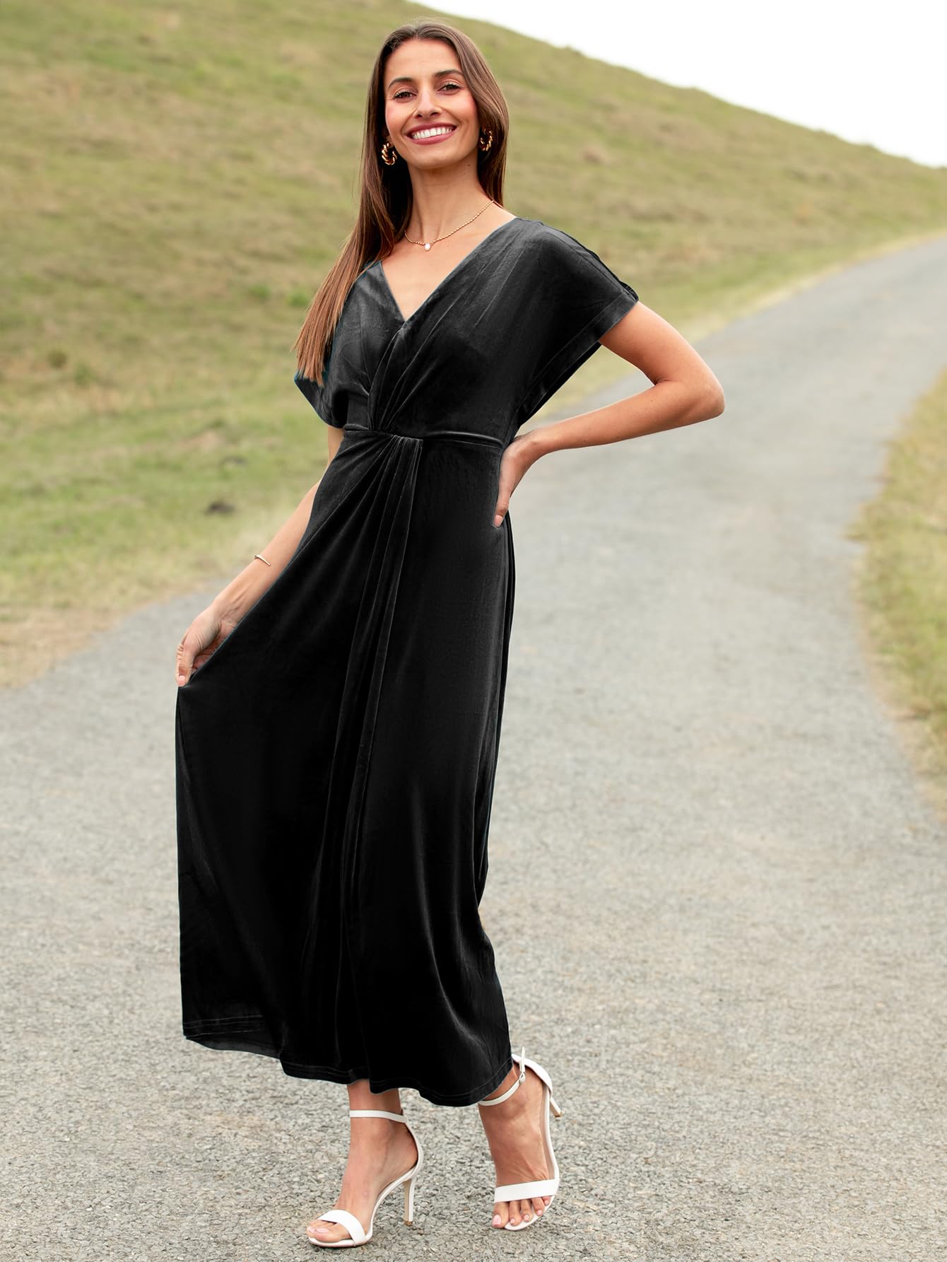 Simplee Women's Velvet Maxi Dress - Short Sleeve V-Neck Formal Bodycon Gown for Wedding Guest, Prom, Cocktail Party & Special Occasions | Elegant Twiss Front Design for Fall & Winter Events