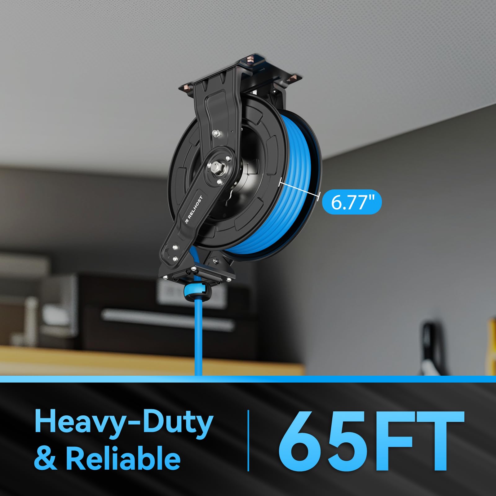 **65 ft x 3/8 in Retractable Air Hose Reel – Heavy Duty Hybrid Air Hose (300 PSI Max) with Auto Rewind & Dual Arms – Wall/Ceiling Mount for Garage, Workshop, Home Studio – Ideal for Air Compressors, Tire Inflation, and DIY Projects**