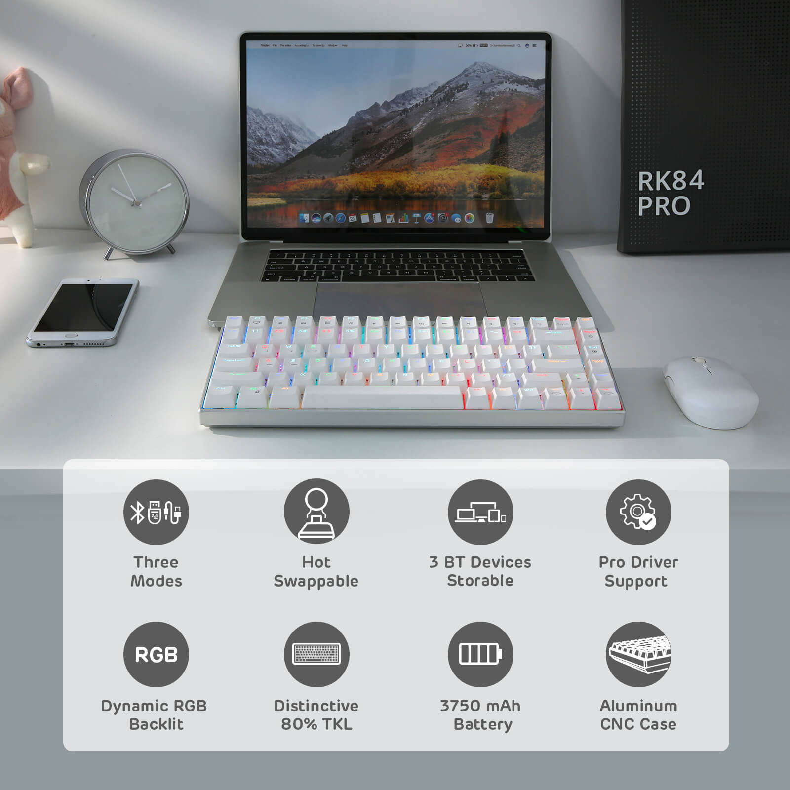 RK84 Pro 75% Wireless Mechanical Keyboard - Hot-Swappable RGB Backlit Gaming Keyboard with Bluetooth/USB-C (Open Box) - Perfect for Office Work, Gaming & Typing