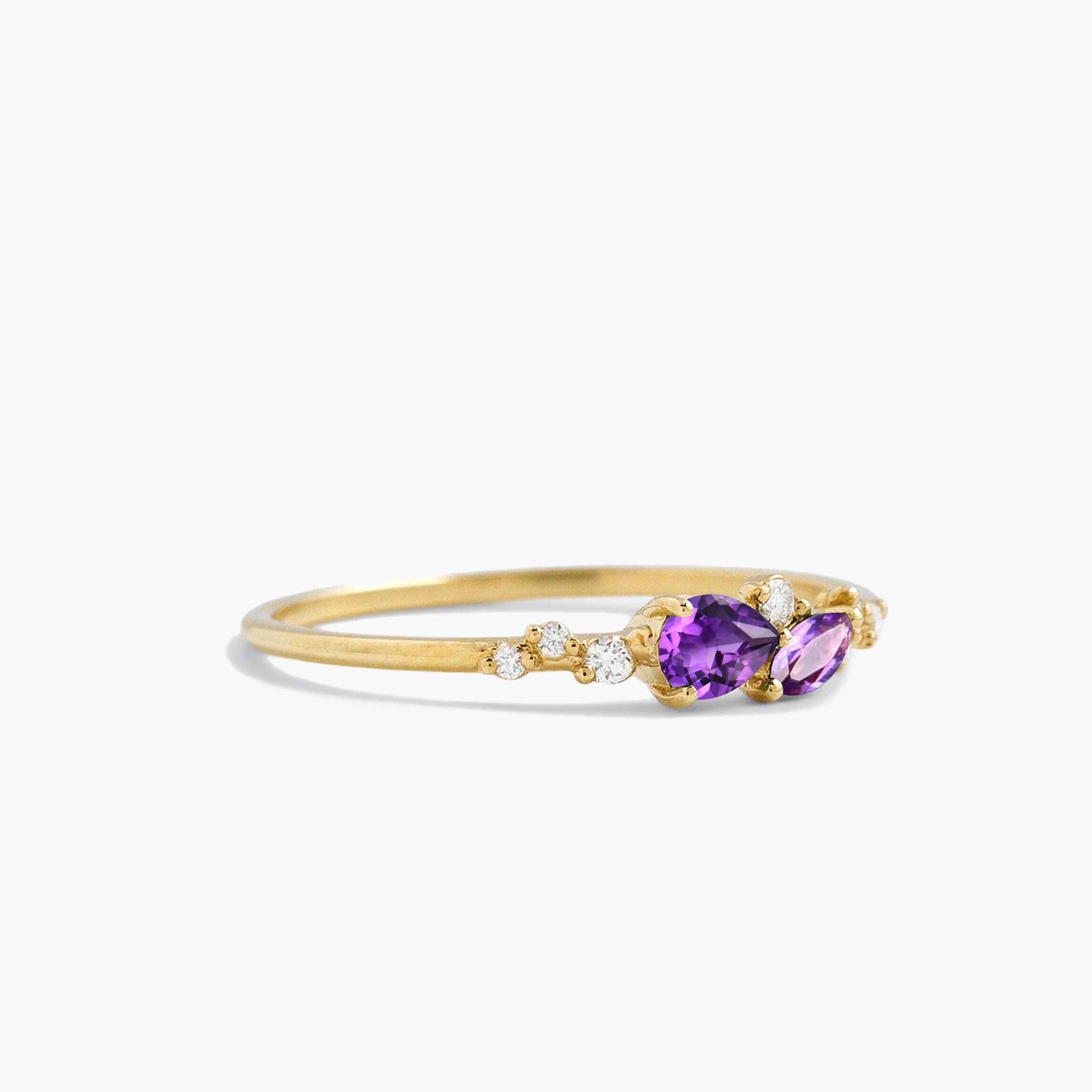 Pear Cut Natural Amethyst & Diamond Cluster Ring in 14K Yellow Gold | Elegant Jewelry for Women, Perfect for Weddings, Anniversaries & Special Occasions