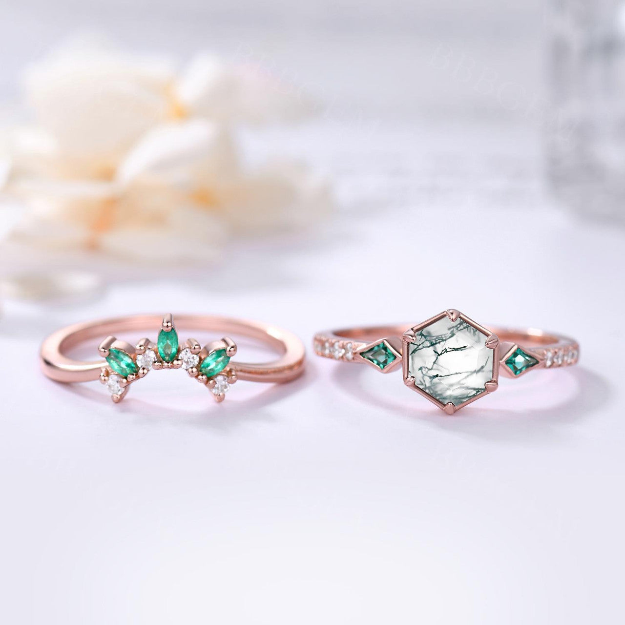 Natural Hexagon Green Moss Agate and Kite Emerald Engagement Ring Set with Diamond Wedding Band - Elegant Bridal Jewelry for Proposals, Weddings & Anniversaries