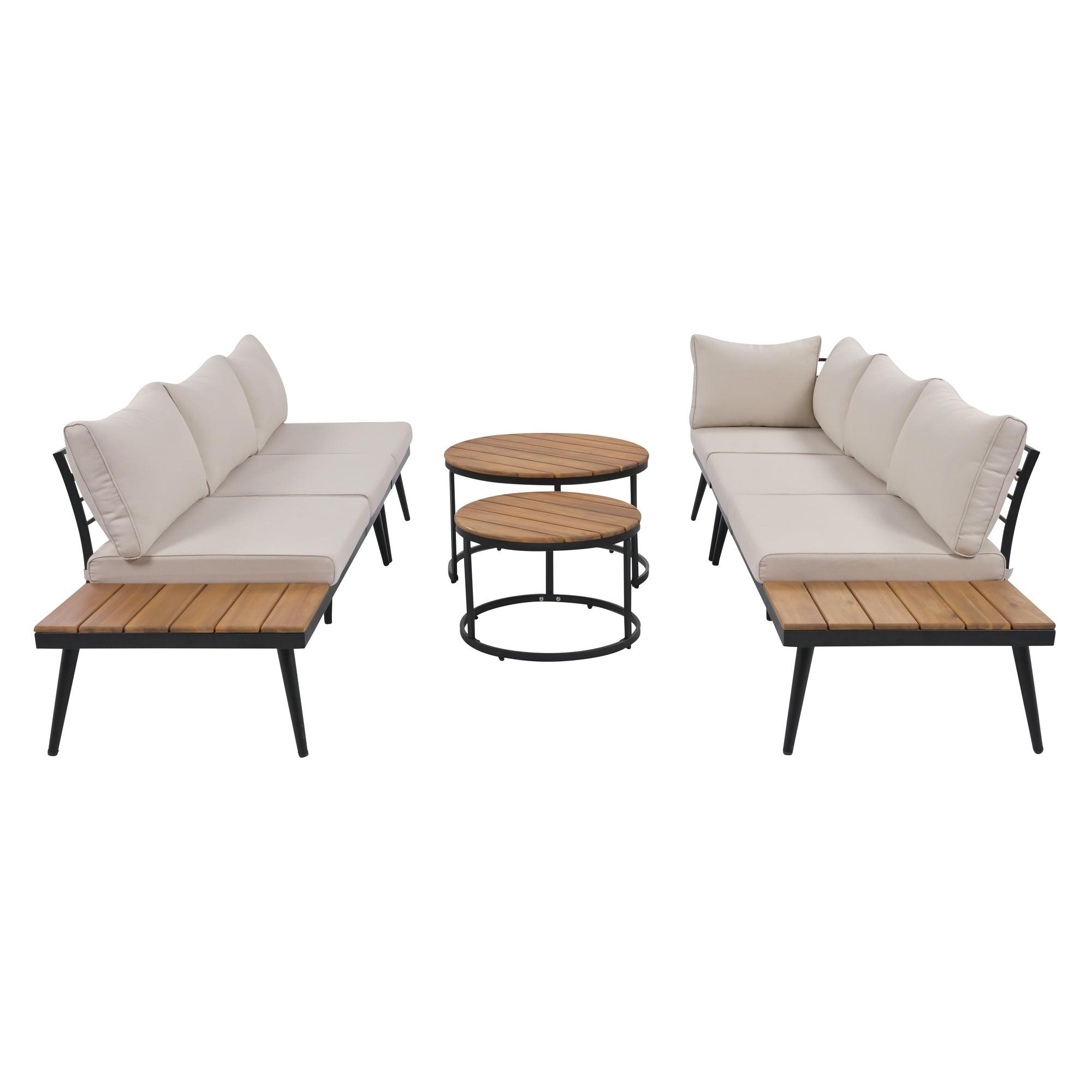 6-Piece Outdoor Sectional Sofa Set with Round Nesting Coffee Tables & Cushioned Seating - Patio, Porch, Garden Furniture for Backyard, Poolside & Outdoor Living Spaces