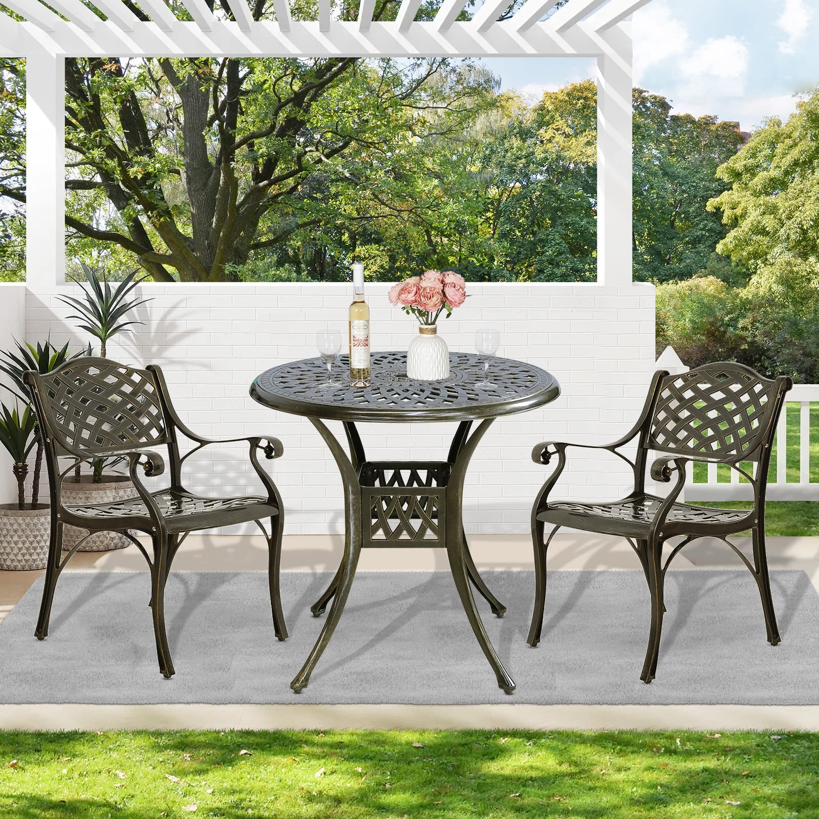 MEETWARM 3-Piece Outdoor Bistro Set - All-Weather Cast Aluminum Patio Dining Set with 2 Chairs & 31