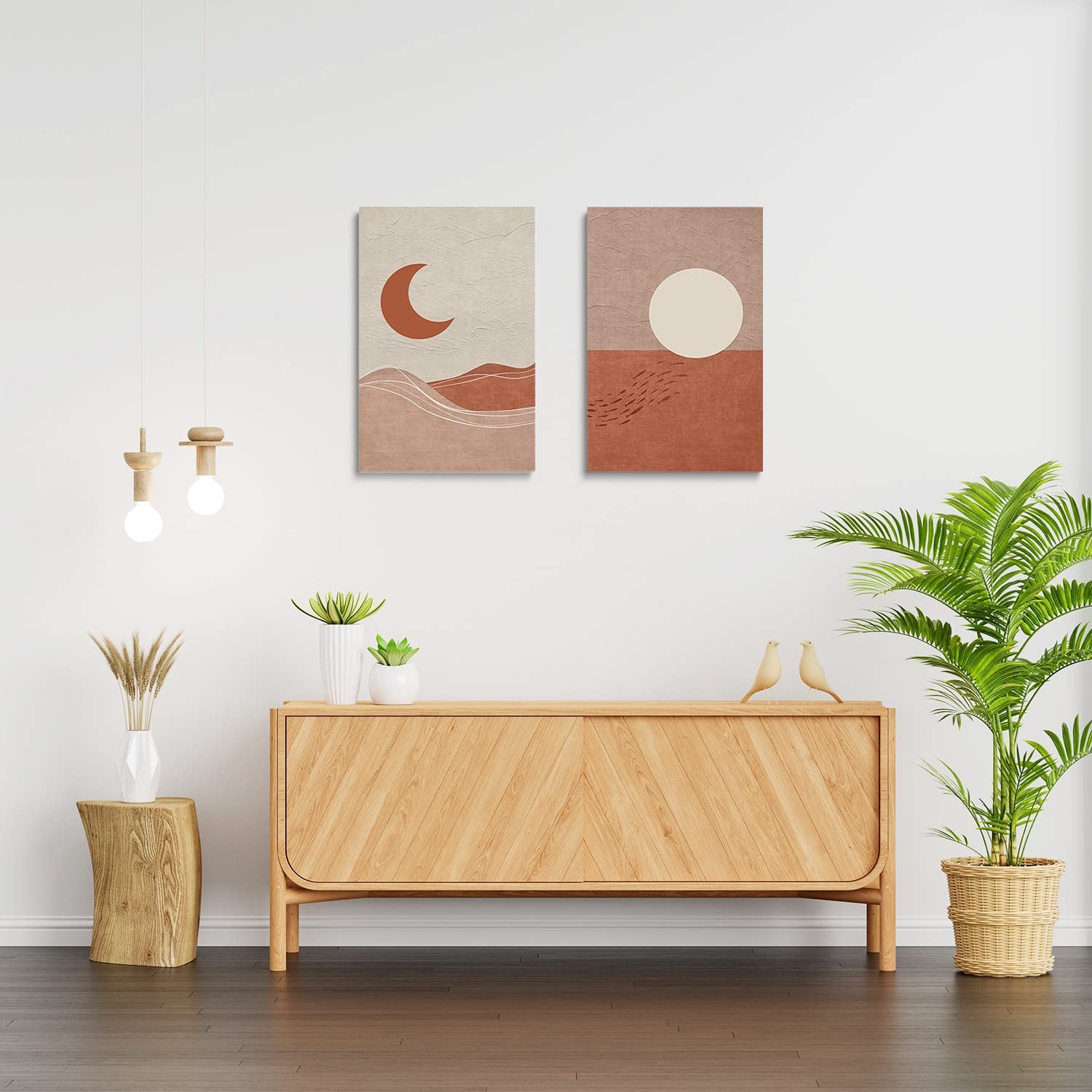 Mid-Century Modern Canvas Prints - Boho Wall Art with Sun & Moon Design, Minimalist Day & Night Landscape Painting for Living Room, Bedroom, Dining Room & Office Decor - 16x24 Inches Framed - Perfect for Bohemian, Scandinavian & Contemporary Home Styling