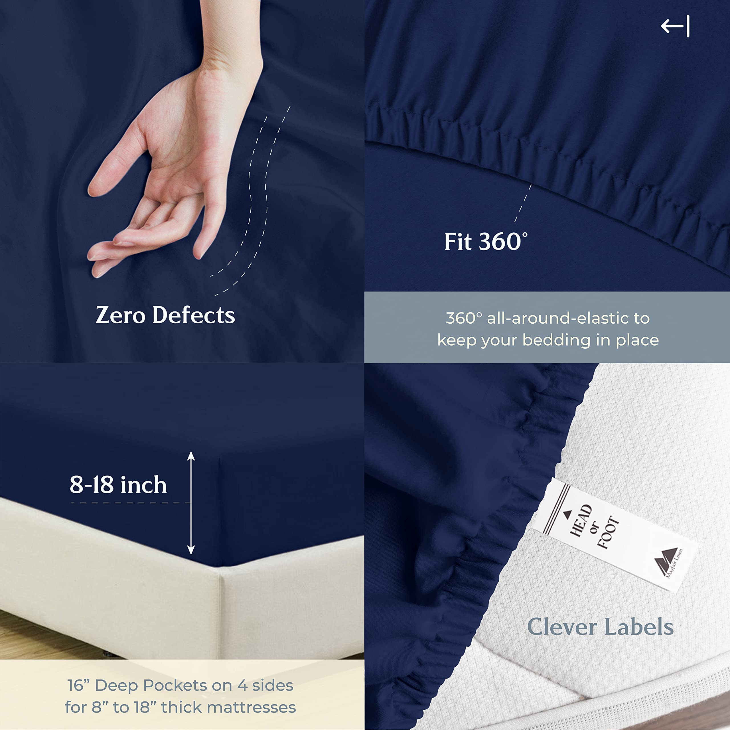 Mayfair Linen 500 Thread Count Twin XL Cotton Sheets - 3 Piece Bed Sheet Set, Ultra Soft & Cooling Sateen Weave, Navy Blue, Hotel Quality with 16