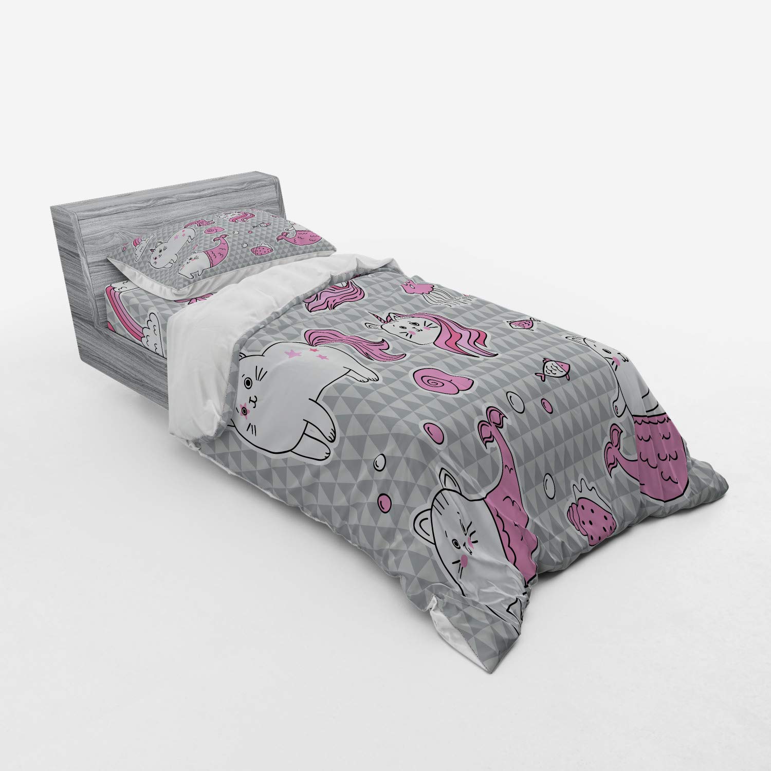 Ambesonne Unicorn Cat Duvet Cover Set - 3 Piece Twin XL Bedding with Sham & Fitted Sheet, Grey Pale Pink White - Fantasy Underwater Theme with Cat Unicorn, Mermaid Fishes, Bubbles & Hearts - Perfect for Kids' Bedrooms, Themed Sleepovers & Whimsical Home Decor