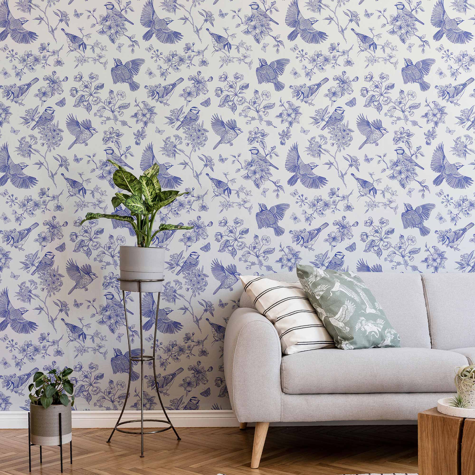 Blue Birds Peel and Stick Removable Wallpaper - Self-Adhesive Decorative Wall Covering for Bedroom, Nursery, Living Room - Easy to Install & Remove - 4739