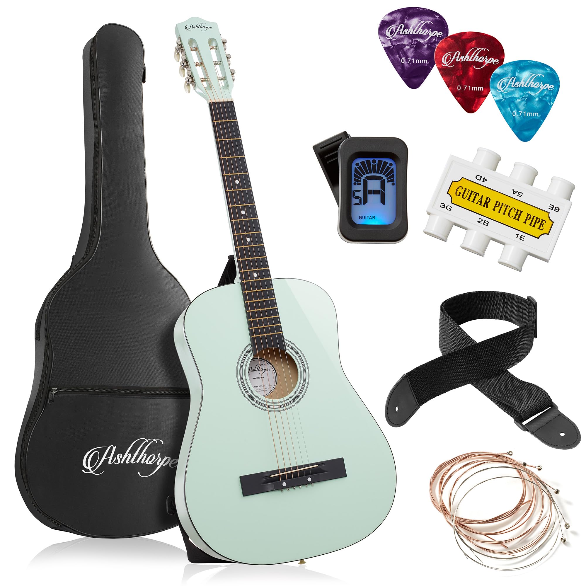 Ashthorpe 38-inch Beginner Acoustic Guitar Starter Kit (Mint Green) - Complete Package with Gig Bag, Strings, Strap, Tuner & Picks - Perfect for Kids, Teens & Adult Beginners Learning Guitar at Home, School or Camp