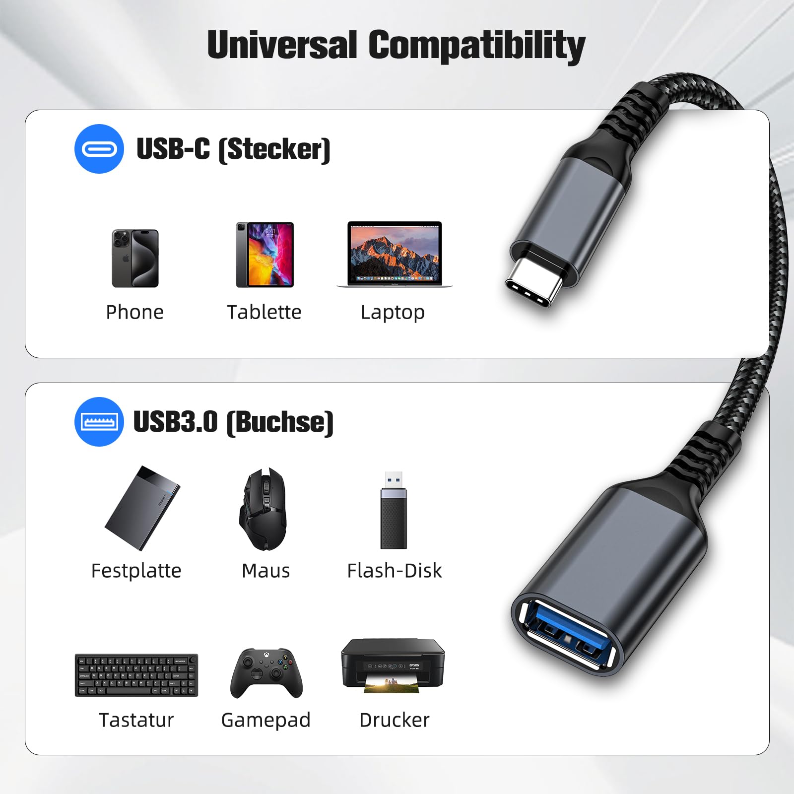 USB C to USB 3.0 Adapter OTG Cable - Compatible with iPhone 15, MacBook, iPad, Samsung Galaxy for Fast Data Transfer
