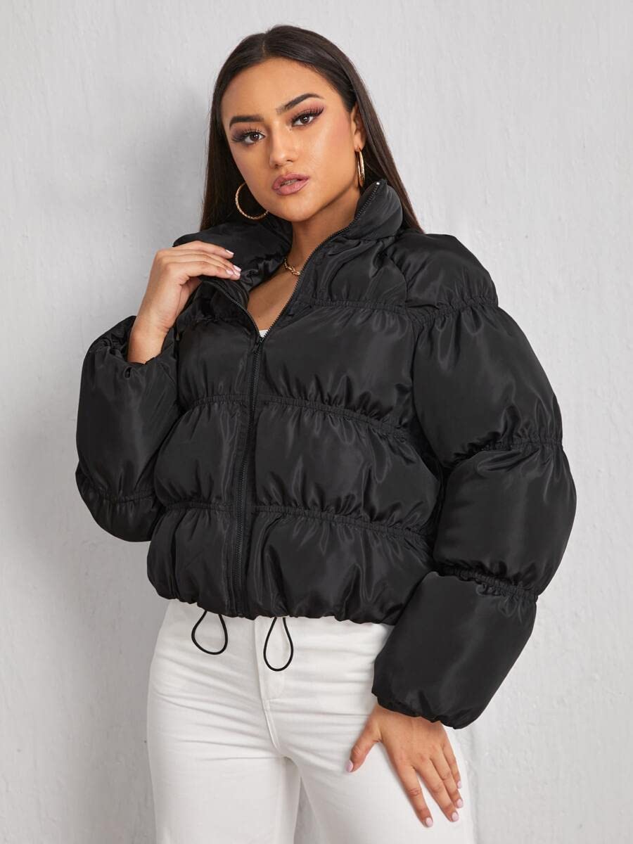 YWSZY Women's Raglan Sleeve Drawstring Hem Puffer Coat Jacket - Full Zip Winter Outerwear for Cold Weather (Black, X-Large) | Perfect for Snowy Days, Commuting & Outdoor Activities