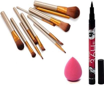 Professional 12-Piece Lele Makeup Brush Set with Silver Storage Box, Sponge Puff & 36H Eyeliner - Perfect for Foundation, Contouring & Eye Makeup Application