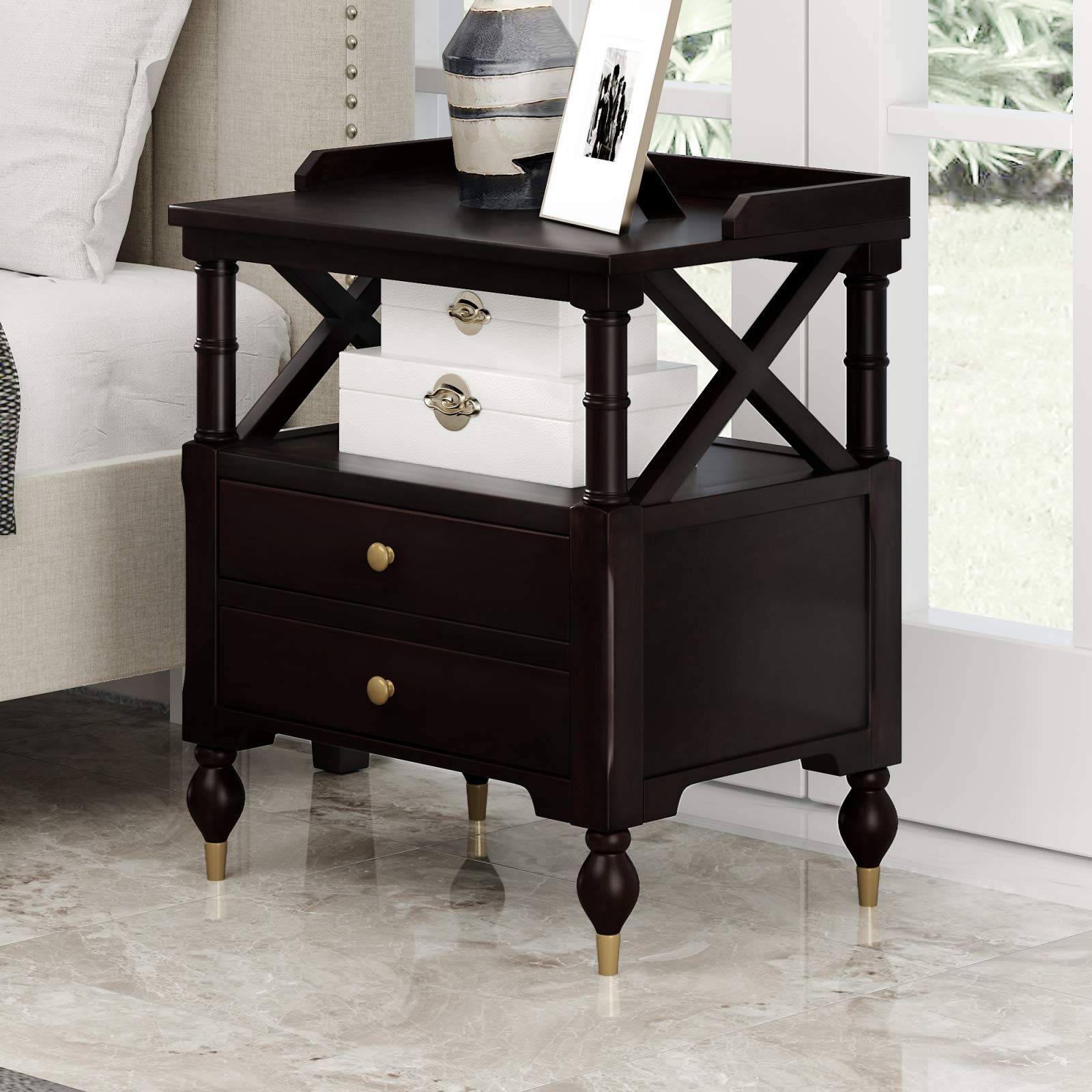 Takefuns Modern Black Cherry 2-Drawer Nightstand - Stylish Bedside Table with Storage for Bedroom, Living Room & Office - Perfect for Small Spaces & Apartment Decor