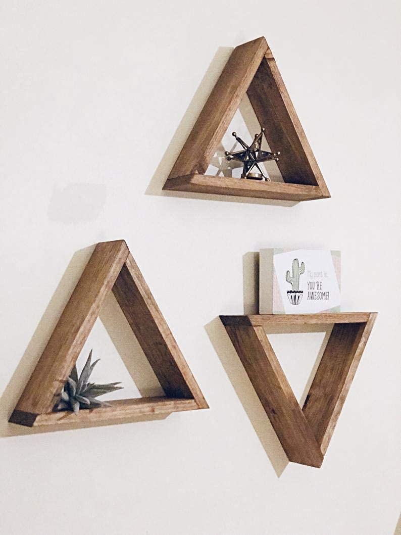 Farmhouse Triangle Shelves - Rustic Wood Floating Shelves for Wall Decor, Geometric Shadow Box Display Shelf - Perfect for Bathroom, Kitchen, Bedroom & Living Room Storage