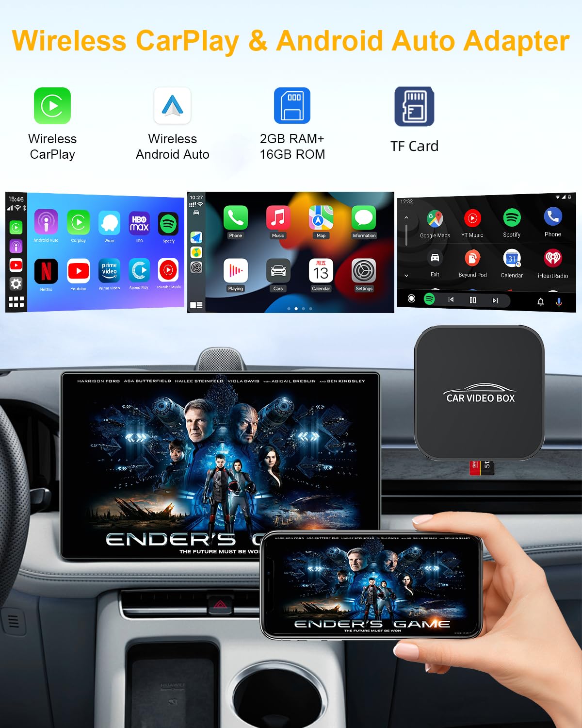 Wireless CarPlay & Android Auto Adapter - 4-in-1 AI Box for Streaming Netflix/YouTube, Supports TF Card & Fast Charging, Compatible with Cars Since 2016 | Perfect for Road Trips & In-Car Entertainment