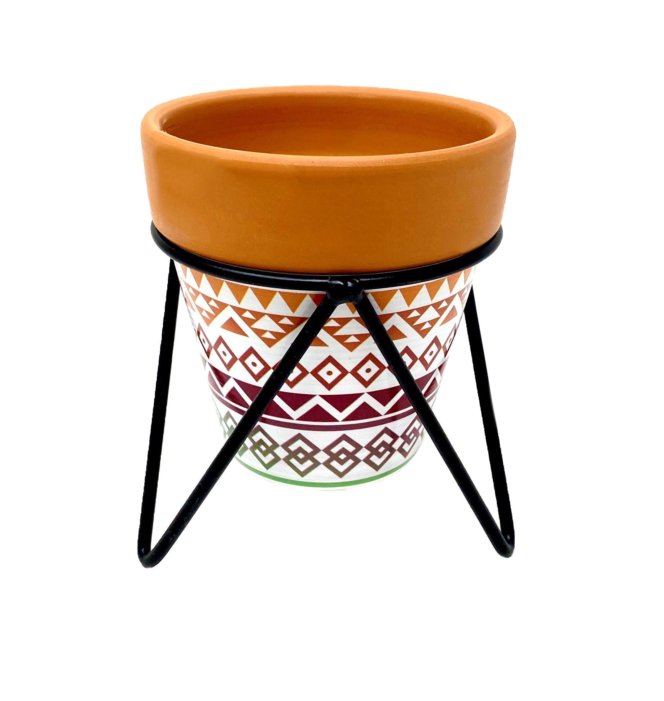 TJ Global Succulent Cactus Planter - Tribal Print Terracotta Pot with Iron Stand, Small Indoor Plant Pot with Drainage Hole for Home, Office, Desk, or Garden Decor | Perfect for Succulents, Cacti, and Small Plants