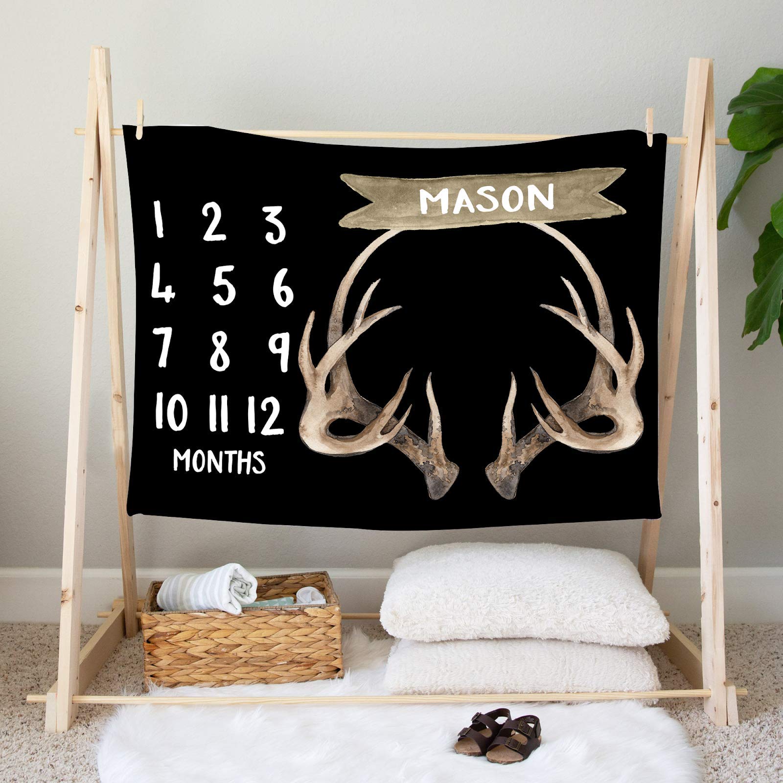 Personalized Deer Buck Milestone Baby Blanket - Soft Minky Fleece & Sherpa Woodland Nursery Blanket for Boys and Girls - Perfect for Newborn Photos, Monthly Milestones & Cozy Nursery Decor