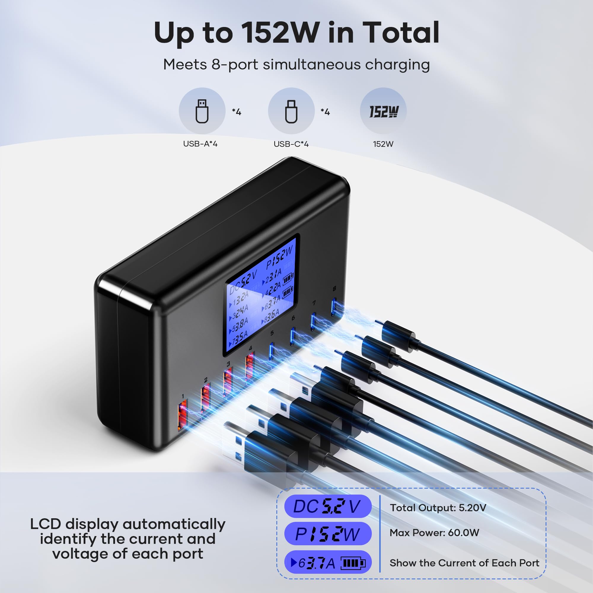 152W 8-Port USB C Charging Station with 4 USB-C & 4 USB-A Ports - Fast Charger for iPhone 15/14/13/12, Samsung Galaxy S23/S22/S21, iPad, Tablets & More - Perfect for Home, Office & Travel Charging Multiple Devices Simultaneously