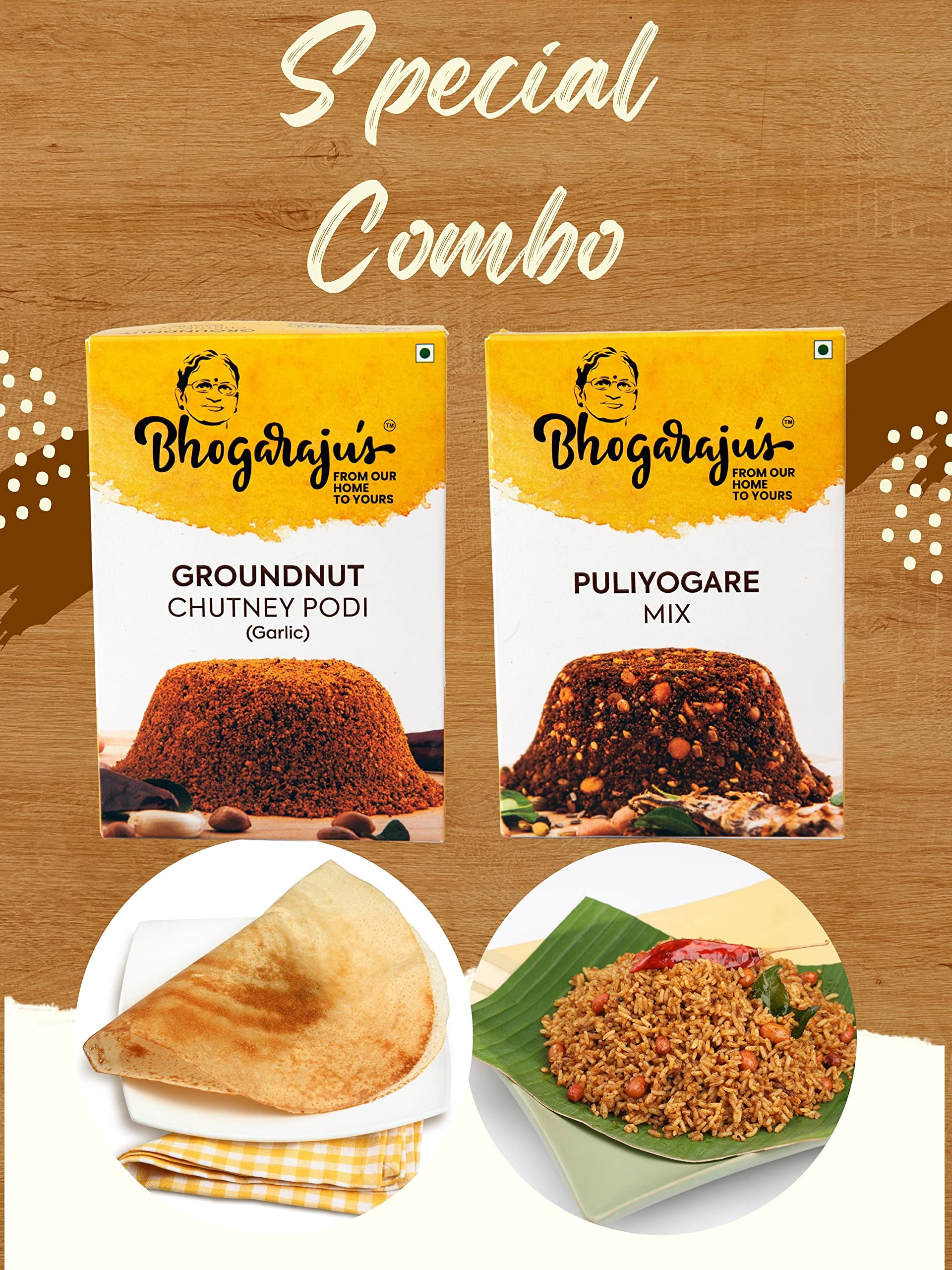 Bhogarajus Healthy & Tasty Ready-to-Eat Peanut with Garlic Chutney Powder + Spiced Tamarind Rice Mix - 2 Pack (100g Each) | Perfect for Quick Snacks, Travel & Indian Cuisine Lovers