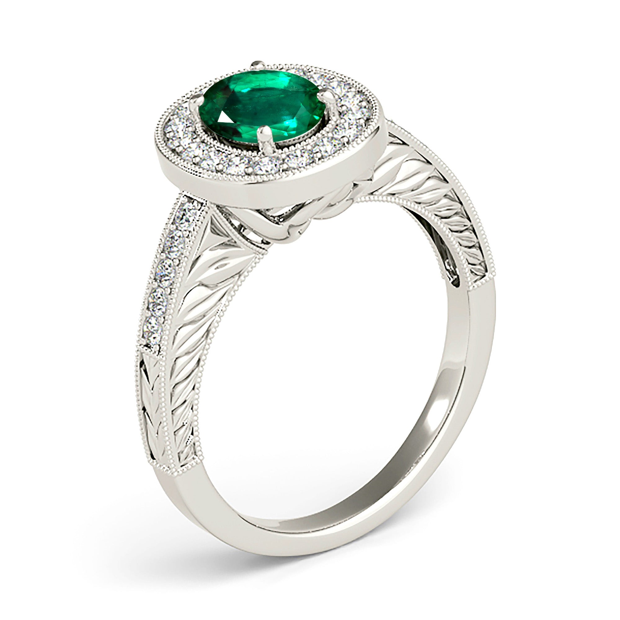 2.00 Carat Genuine Oval Emerald Ring with Halo, Milgrain & Filigree Diamond Band - Elegant Engagement, Wedding, Anniversary Jewelry Gift for Women