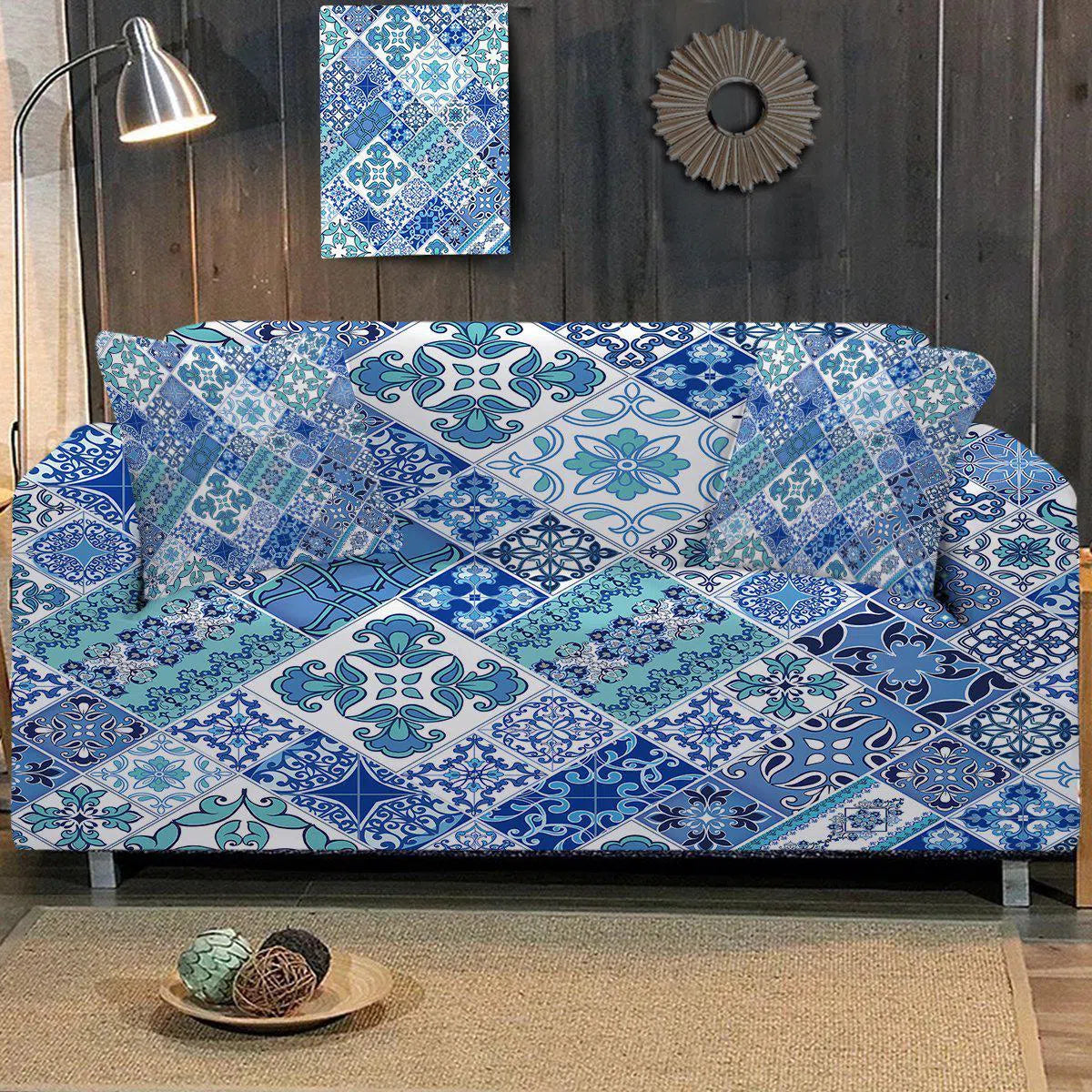 Stylish Coastal Mosaic Couch Cover - Waterproof & Stretchable Sofa Protector for Living Room, Sectional, Loveseat - Perfect for Beach House Decor, Pet Owners & Family Gatherings