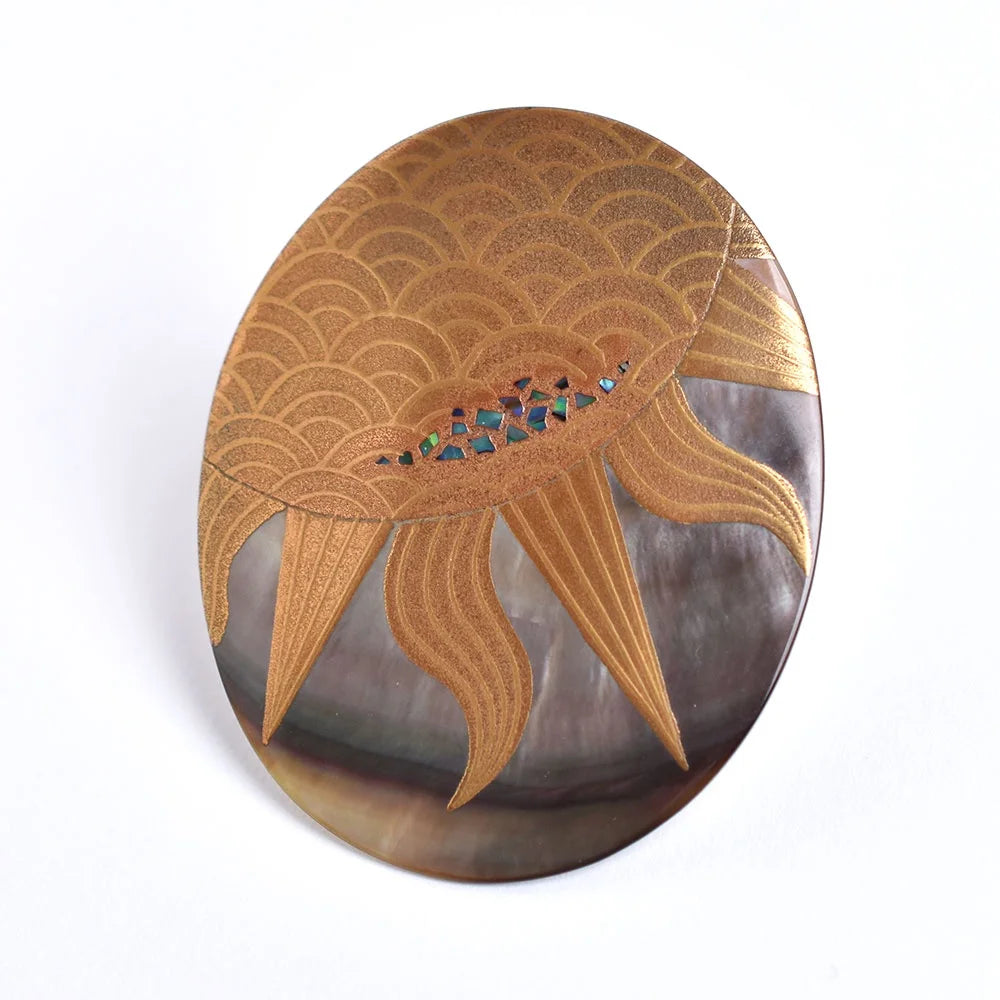 Handcrafted Maki-e Urushi Lacquer Brooch with Black Lip Oyster Pearl Shell & Sun Design | Traditional Japanese Lacquer Jewelry for Women | Perfect for Formal Occasions, Gift Giving & Cultural Events