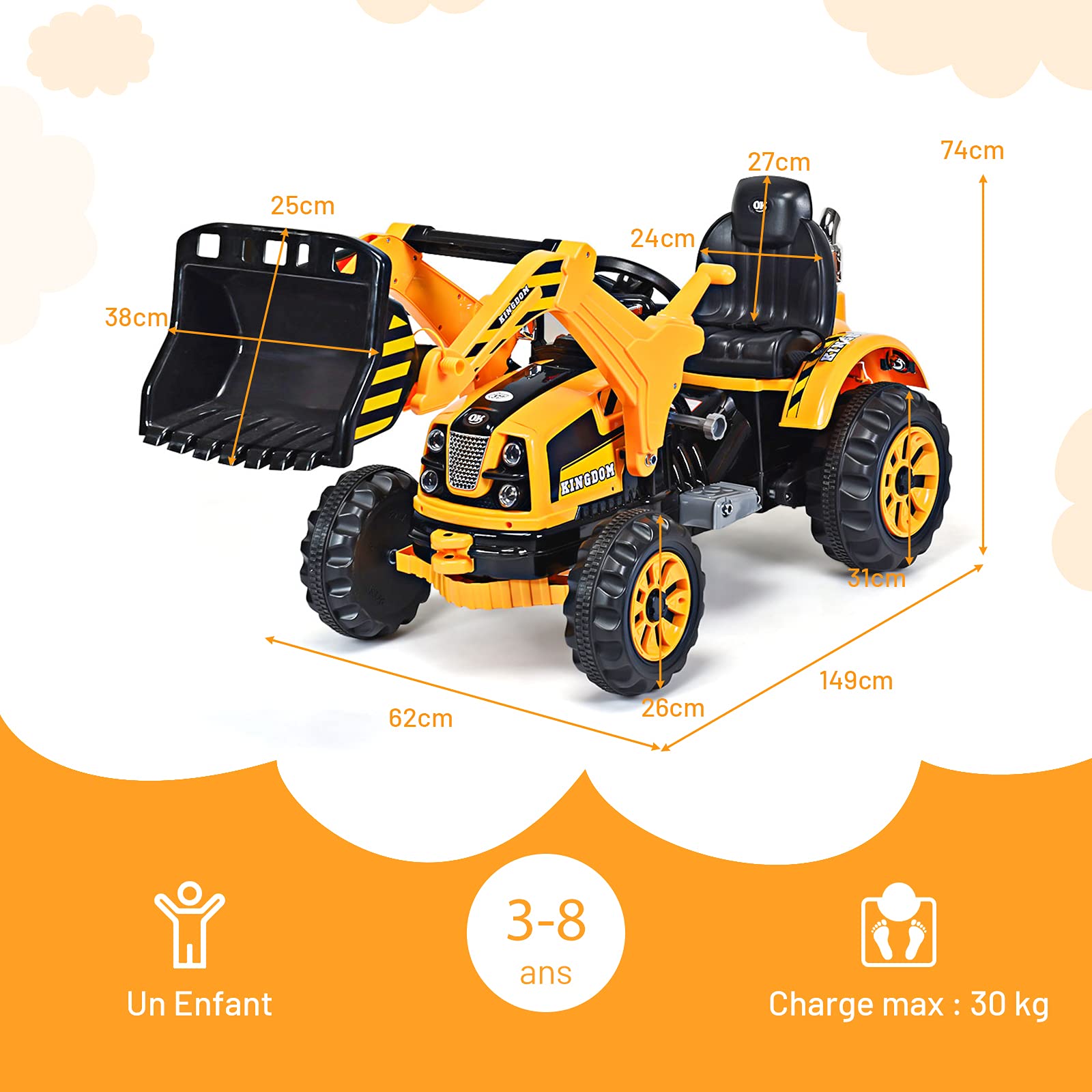 **COSTWAY 12V Kids Electric Tractor Toy with Adjustable Speed, Flexible Shovel & Comfortable Seat – Yellow Ride-On Tractor for Ages 3-8, 30kg Load Capacity – Perfect for Outdoor Play, Sandbox Fun & Backyard Adventures**