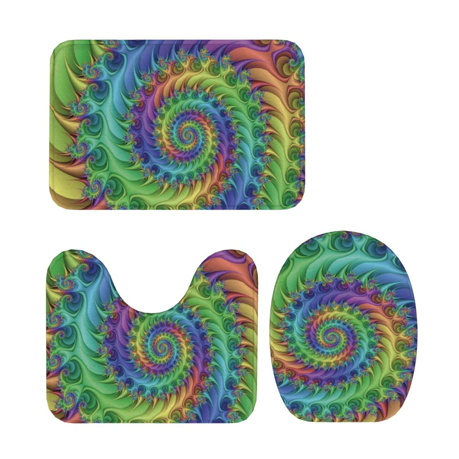 3 Piece Bathroom Rugs Set - Soft Non-Slip Tie Dye Bath Mat, Absorbent U-Shaped Contour Rug & Toilet Lid Cover | Trippy Design for Bathroom, Shower & Tub - Perfect for Modern Home Decor