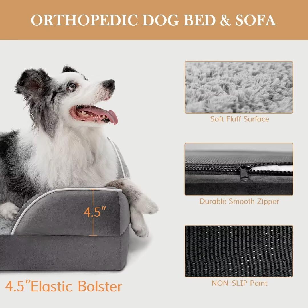 Premium Orthopedic Dog Bed for Large Dogs - Waterproof, Washable Removable Cover & Non-Slip Bottom - Extra Comfort Foam Support - Perfect for Living Room, Bedroom or Crate (Large Size, Grey)
