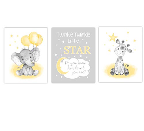 Yellow Watercolor Elephants Baby Nursery Art - Safari Animals Giraffe Wall Decor - Twinkle Little Star Theme - 3 Unframed Prints for Kids Room & Playroom Decor