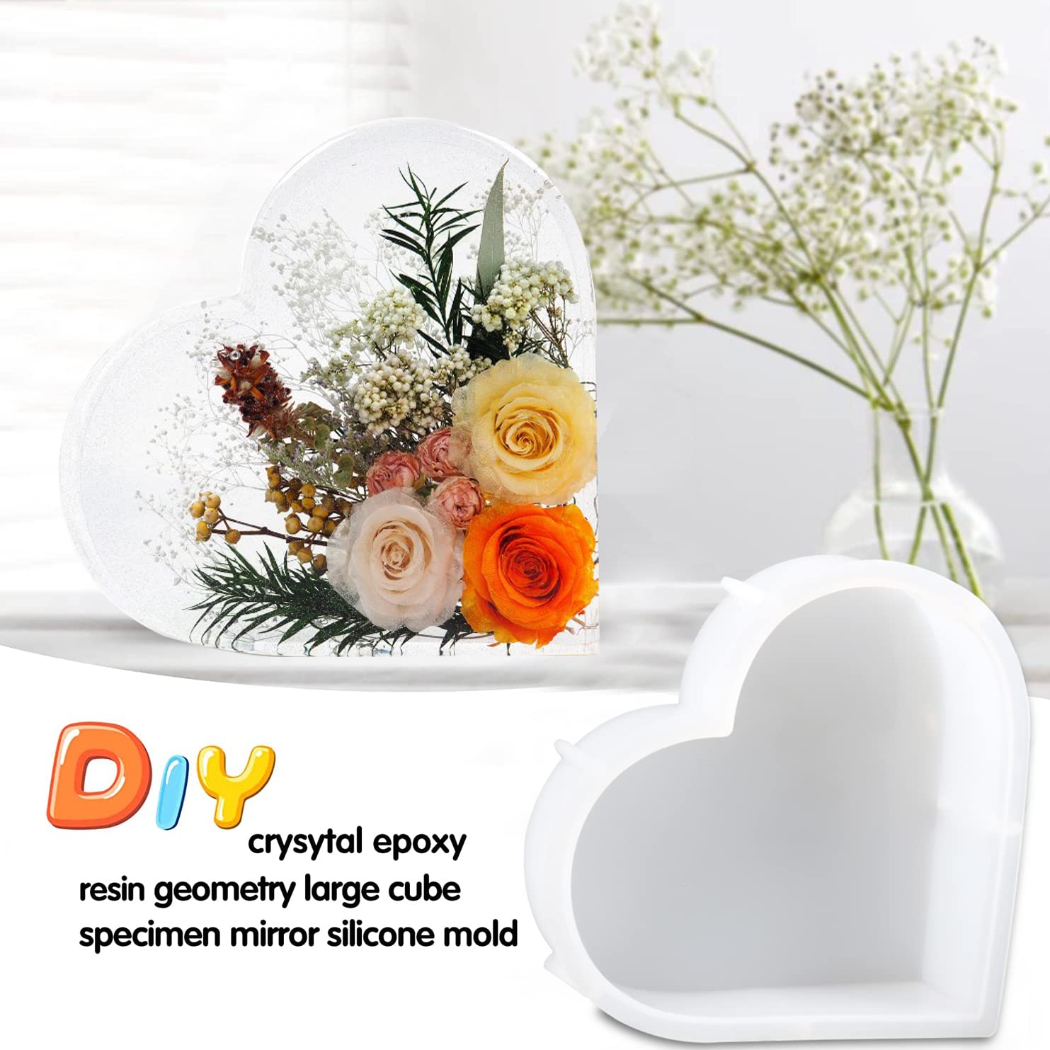 Large Heart Silicone Molds for Epoxy Resin - Deep Casting Flower Preservation & DIY Bookends - Perfect for Home Decor, Art Projects, and Crafting Gifts
