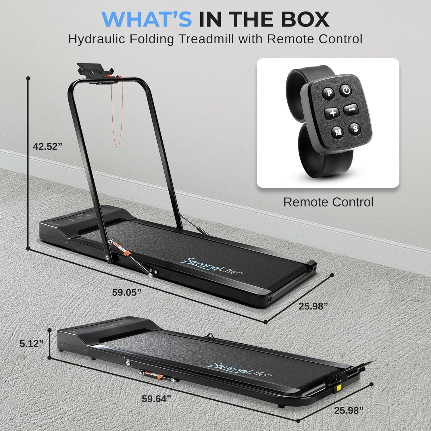 SereneLife Foldable 2-in-1 Treadmill & Walking Pad with Remote Control - Compact Under Bed/Desk Treadmill, 1.5HP Motor, 0.6-7.5MPH Speed, App Support - Easy Assembly & Storage for Home Gym, Office Workout, Walking & Jogging - Supports 265lbs Weight Capacity