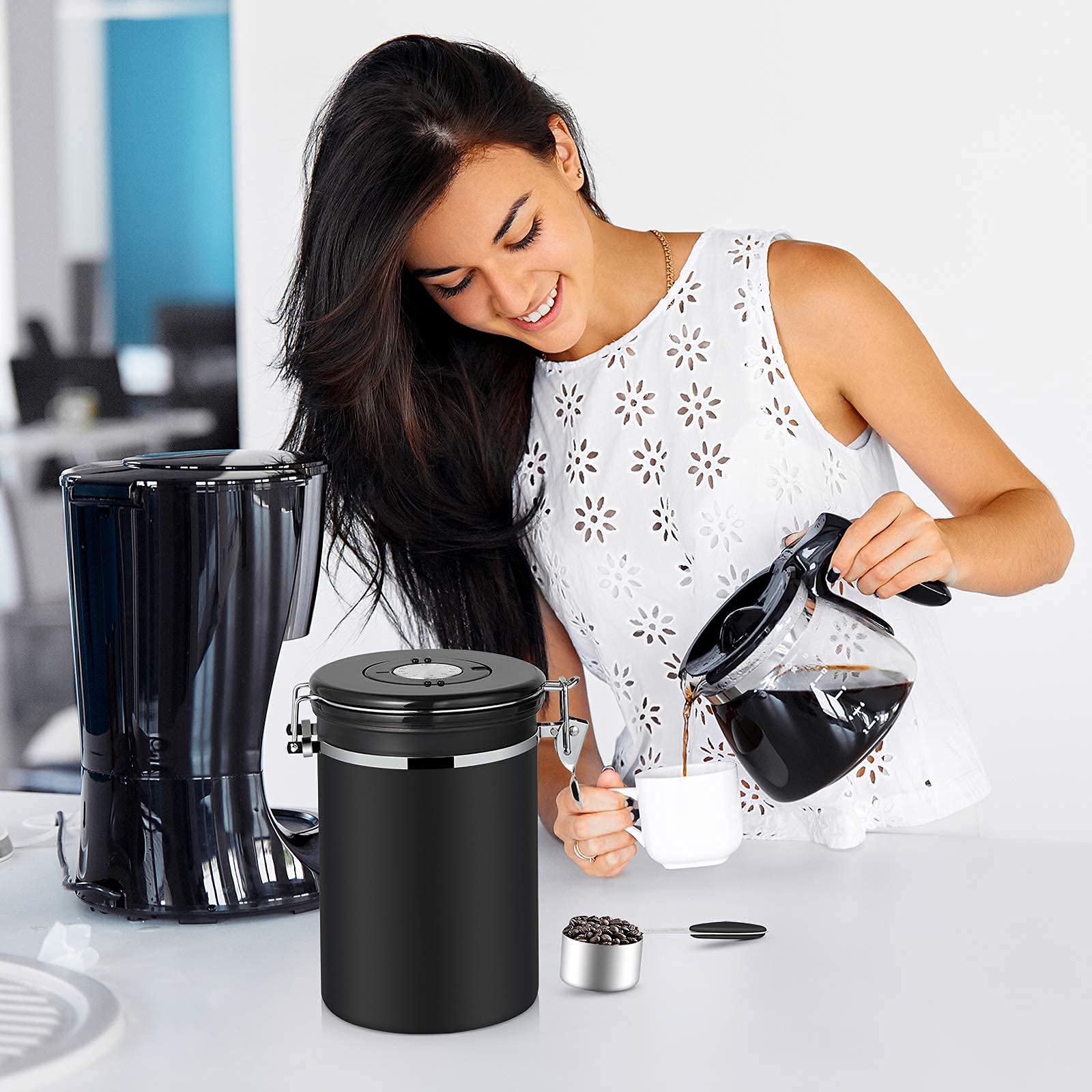 Stainless Steel Airtight Coffee Canister with Date Tracker & Scoop - 22 oz Black Coffee Storage Container for Grounds & Beans - Perfect for Kitchen, Pantry & Office Use